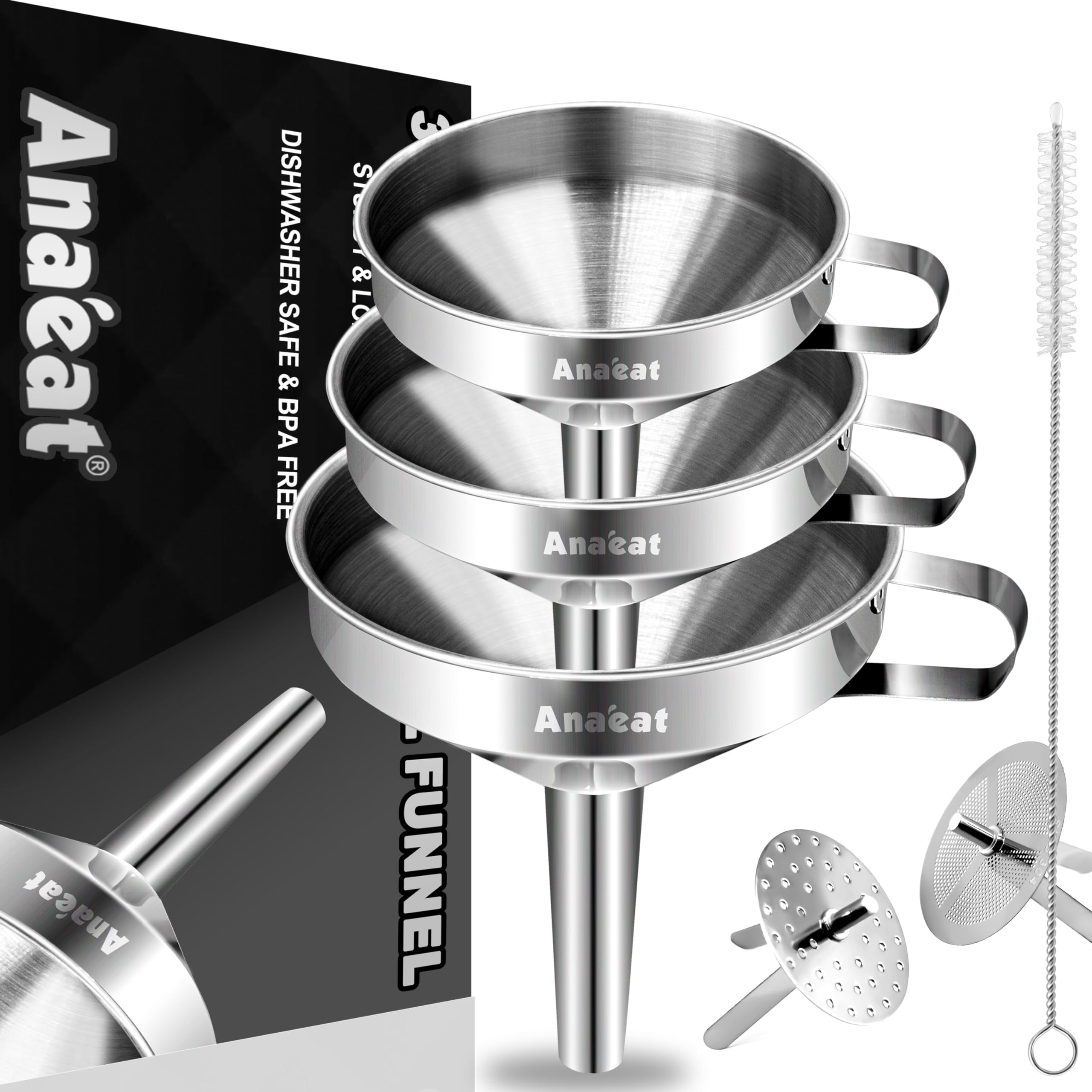 Anaeat 3 Pack Stainless Steel Kitchen Funnel Set, Multi-Use Premium Metal Food Grade Cooking Funnels With 2 Removable Strainer F