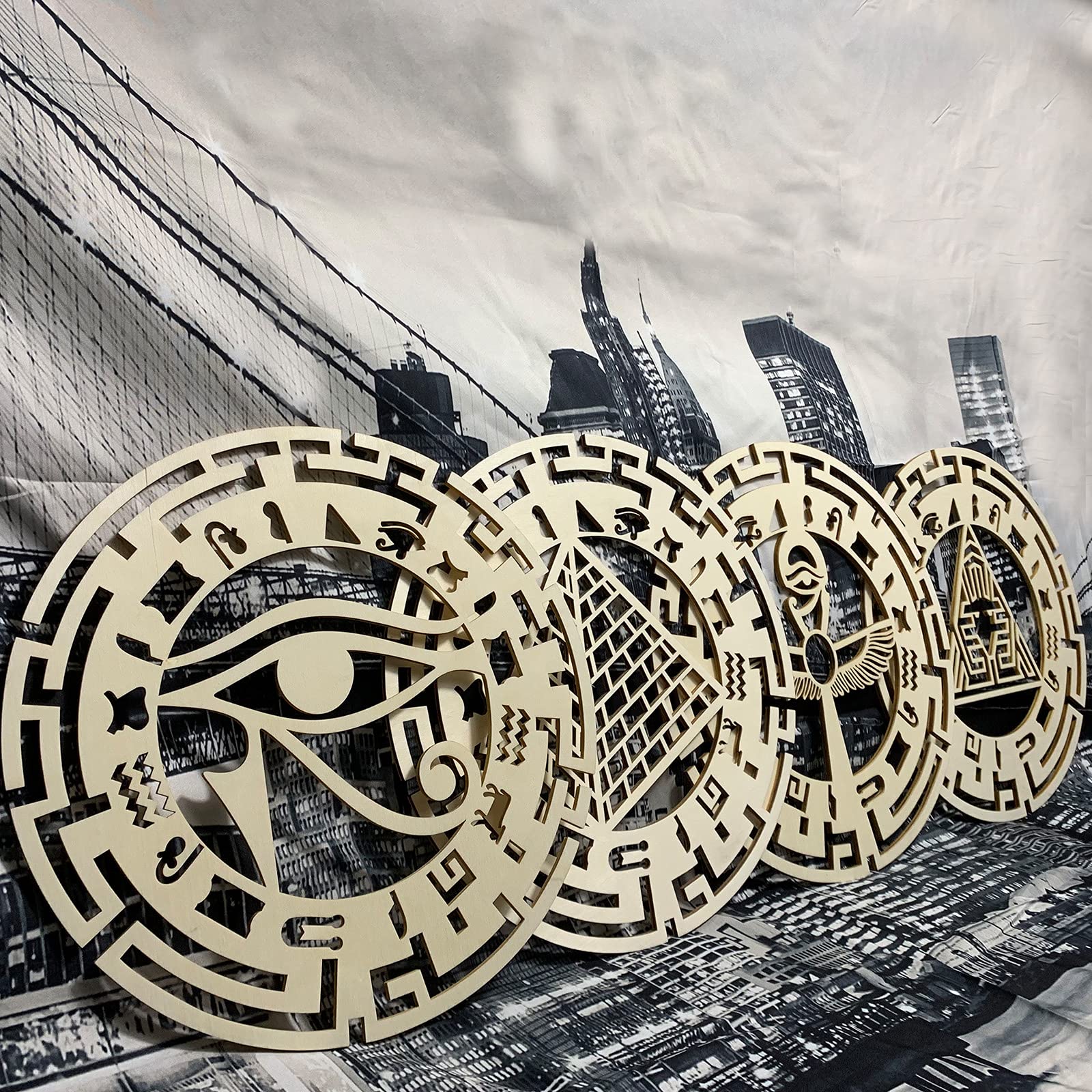 Egyptian Wall Decor 4 Pieces Wooden Wall Art Eye of Horus Evil Eyes Symbol Egypitan Artwork Ankh Of Isis With Open Wings and Pyr