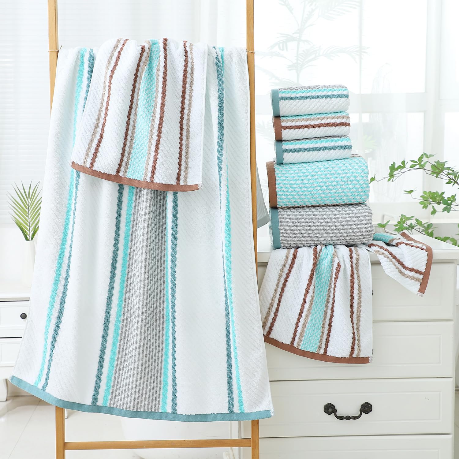 Pidada Bath Hand Towel Set Of 3 Striped Pattern 100% Cotton Soft Absorbent Decorative Towels For Bathroom (Green)