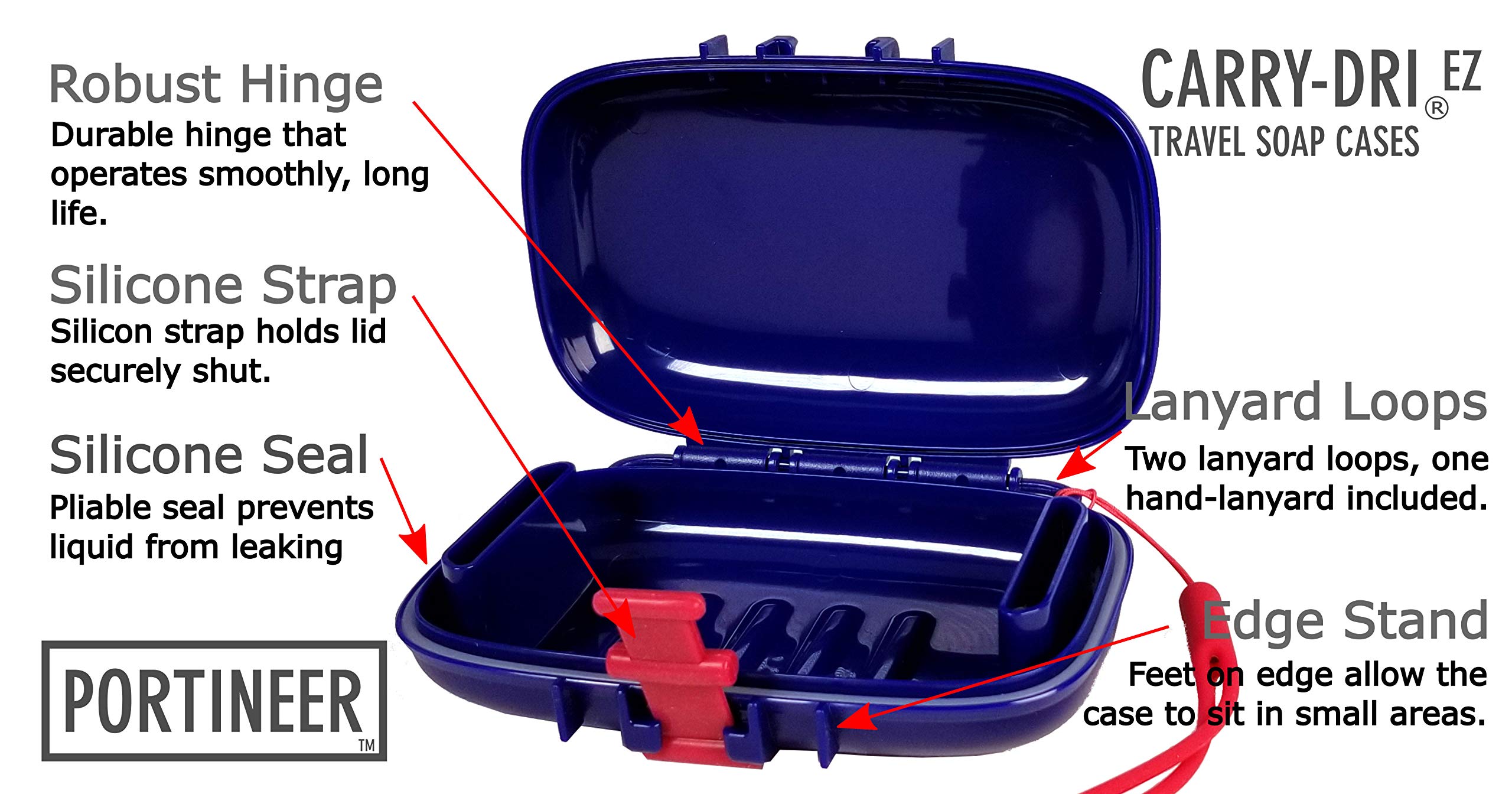 PORTINEER Carry-Dri EZ Travel Soap Container Soap Bar Case Lets Soap Dry with Lanyard  Silicone Closure  Soap Holder Travel  Leakproof Soap Box with Patented Vents  Travel Soap Dish  Blue - Red