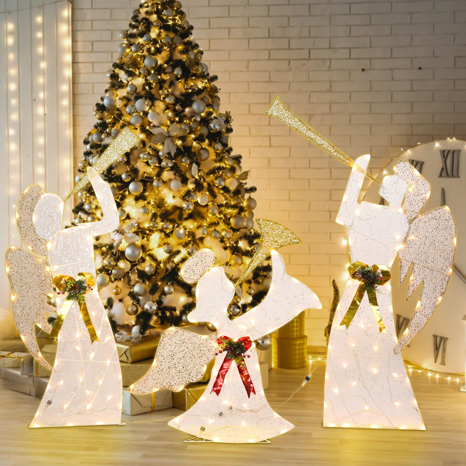 Outdoor Christmas Angel Decoration Christmas Lighted 3 Angels Playing Trumpet with Holly Berries Decoration for Xmas Home Pathwa