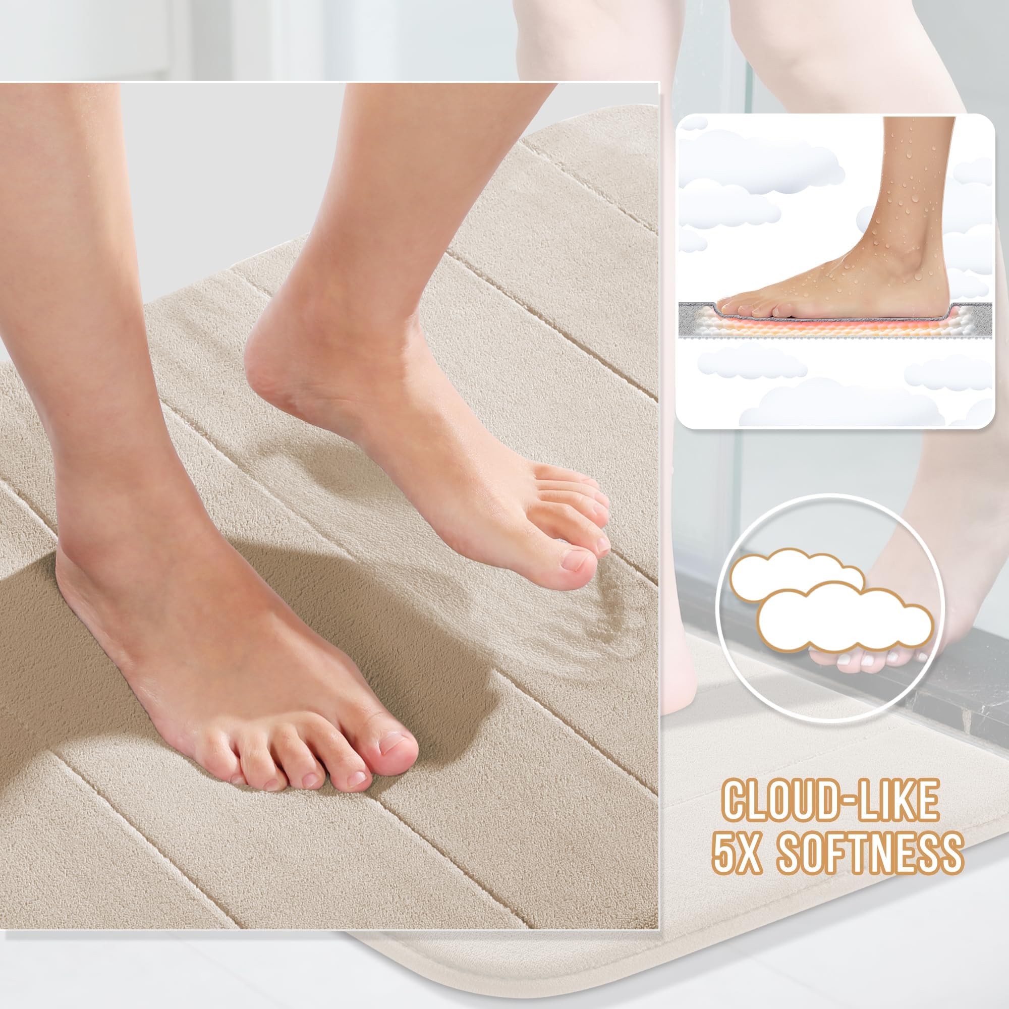 Yimobra Large Memory Foam Bathroom Mat 2 Pieces Set  Non Slip - Super Water Absorption Soft Bath Mats Rugs  Thick  Dry Fast  Machine Washable for Bathroom Floor Rug  44.1 x 24 + 24 x 17 Inch  Beige