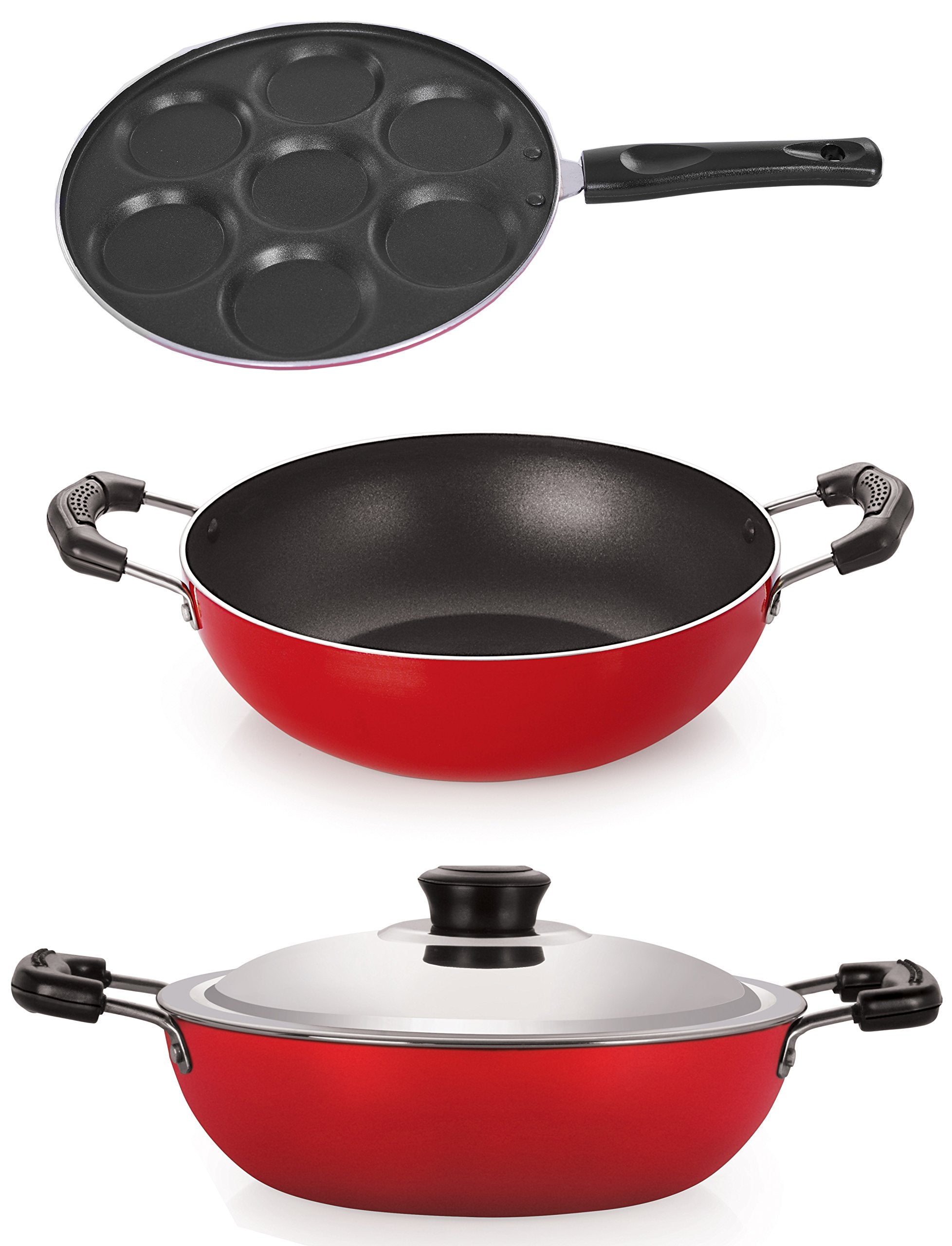 Aluminium NonStick Red & Black Kadai And Uttapam Tawa Cookware Combo Gift Set