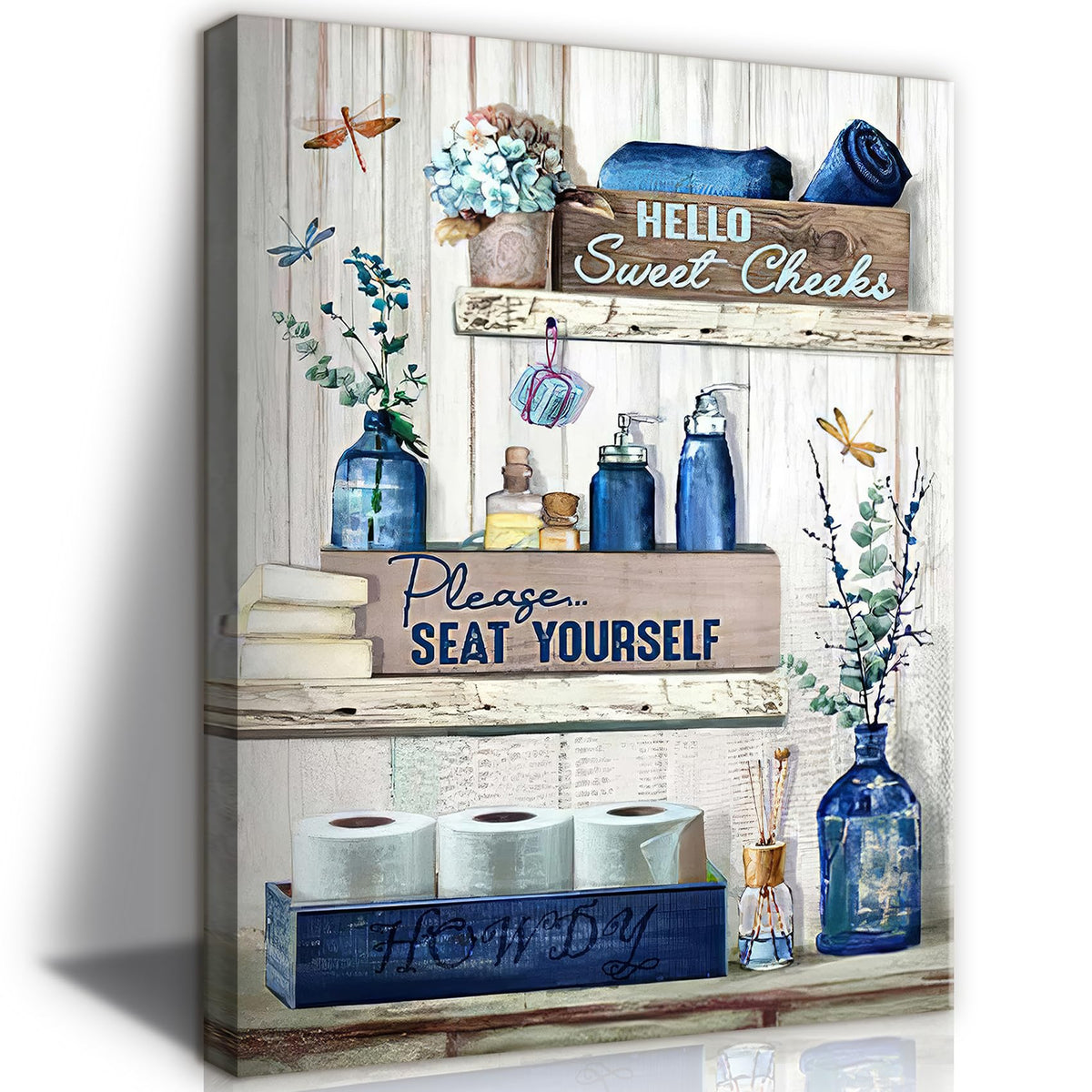 Bjvjksu Navy Blue Bathroom Decor Wall Art Rustic Blue Bathroom Canvas Wall Decor Bathroom Please Seat Yourself Sign Print Painti
