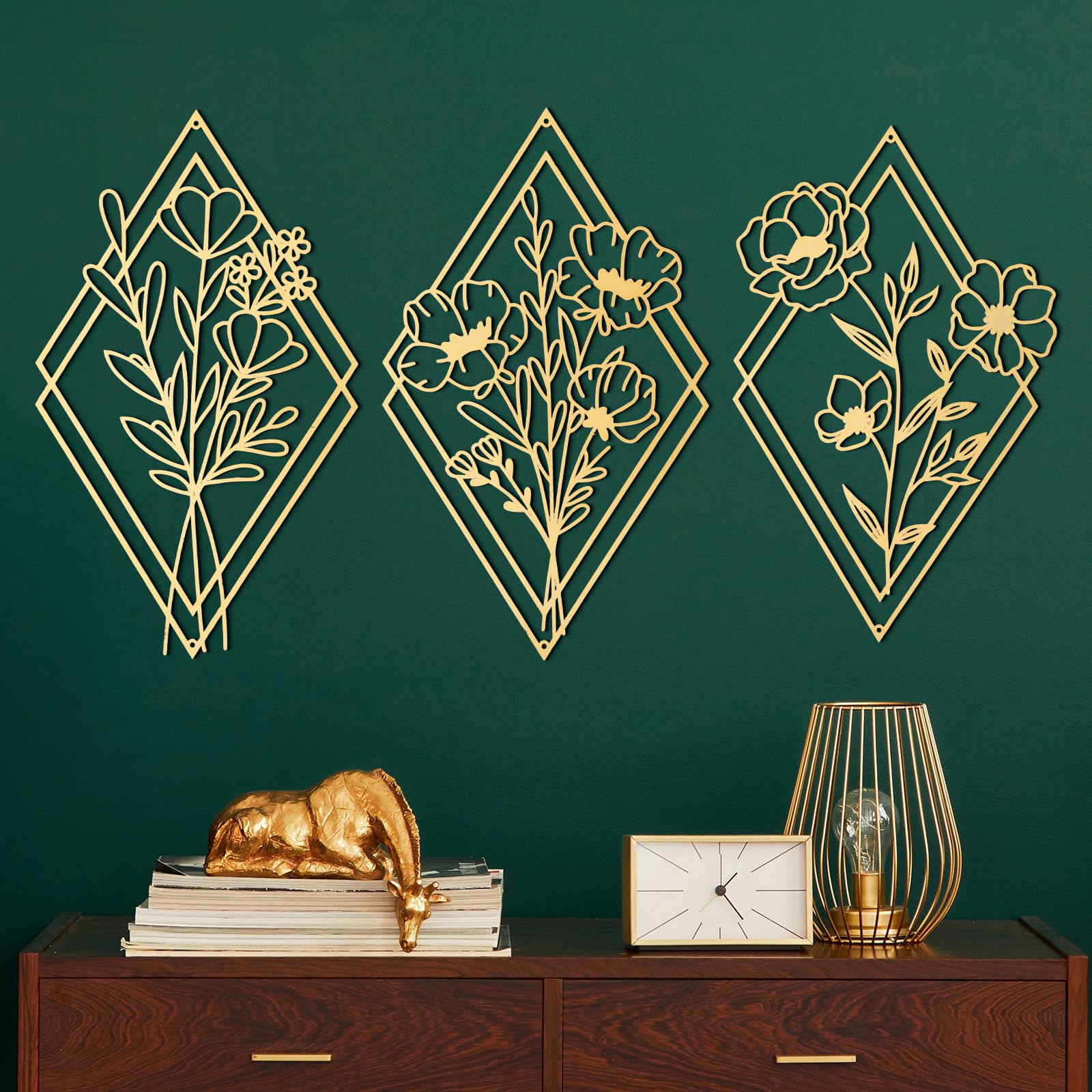 Peryiter 3 Pcs Gold Metal Flower Wall Decor Minimalist Floral Wall Art Hanging Rustic Farmhouse Art for Spring Living Room Bathr