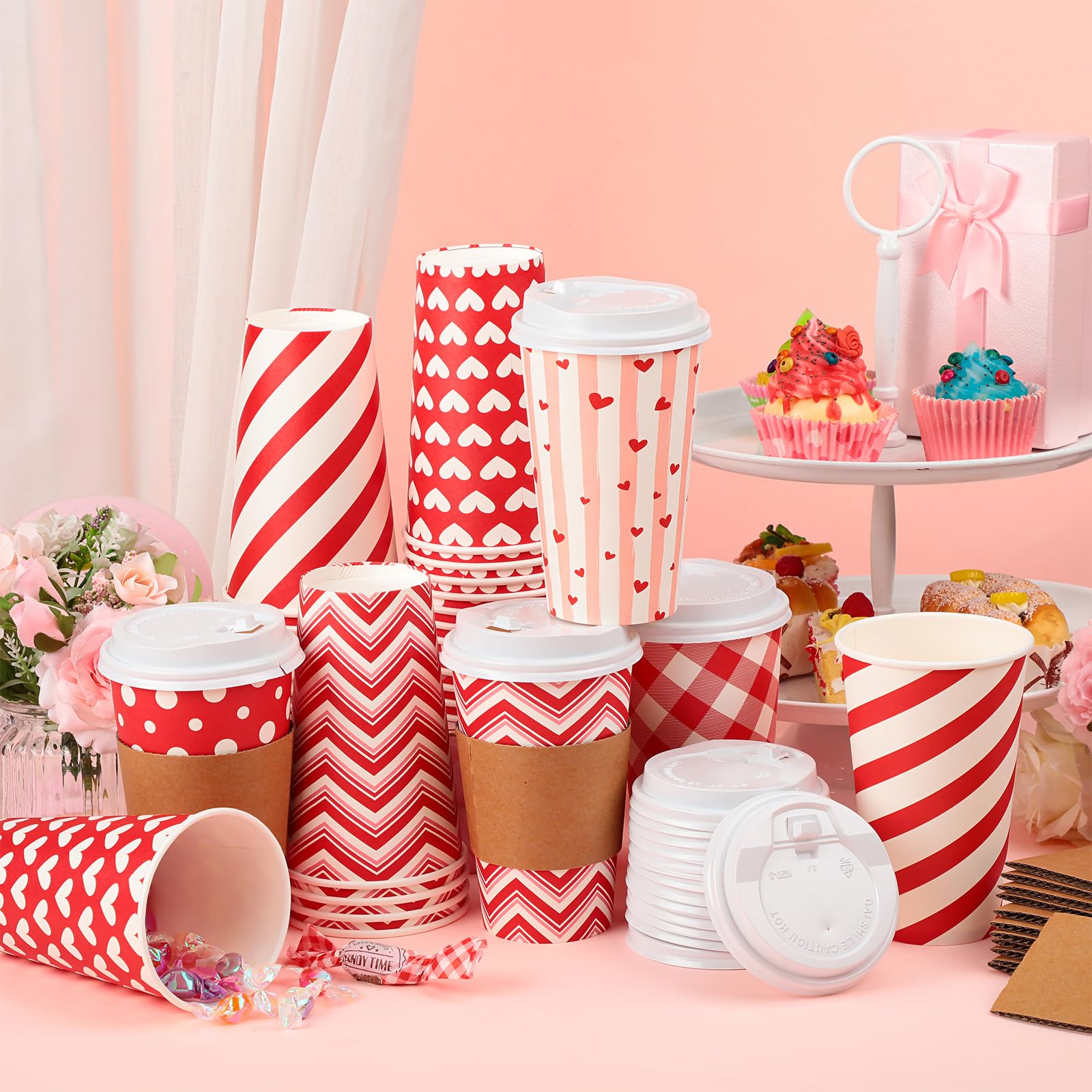 Sosation 90 Pcs/30 Set Valentine'S Day Coffee Paper Cups With Lids And Sleeves 12 Oz Disposable Hot Cocoa Cups Valentines Pink P