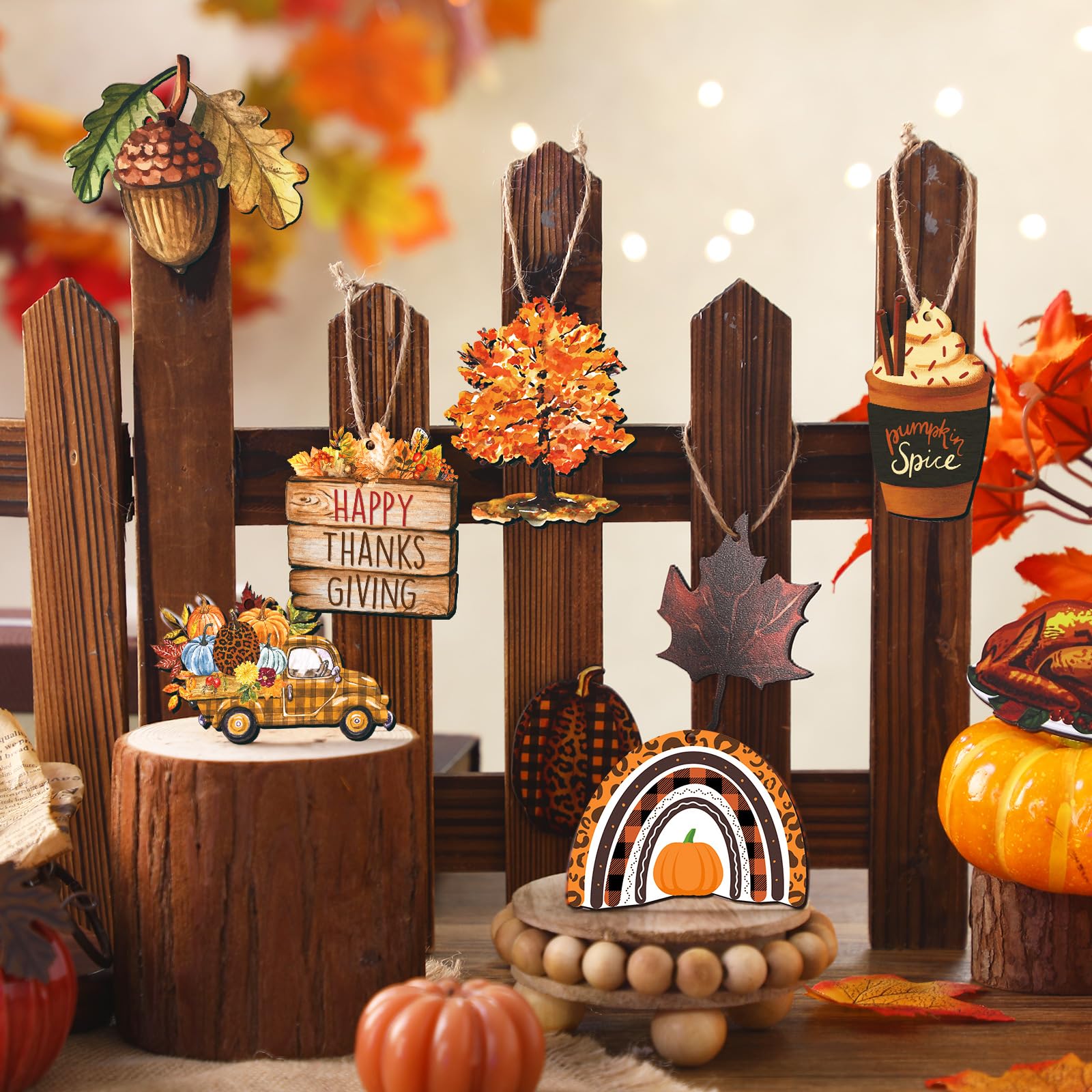 Soaoo 36 Pcs Thanksgiving Ornaments for Small Tree Thanksgiving Tree Decorations Turkey Pumpkin Fall Maple Leaves Truck Cutouts