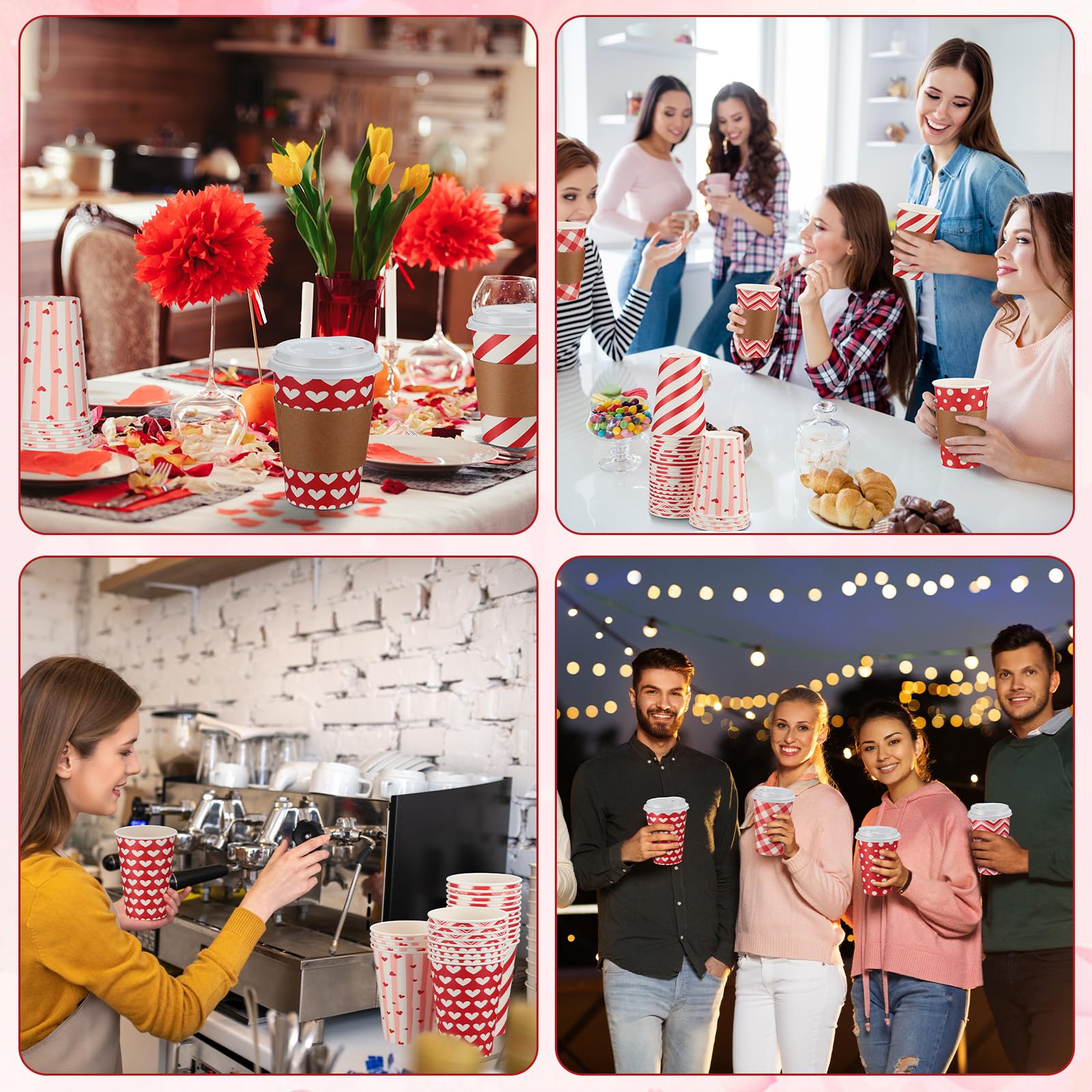 Sosation 90 Pcs/30 Set Valentine'S Day Coffee Paper Cups With Lids And Sleeves 12 Oz Disposable Hot Cocoa Cups Valentines Pink P