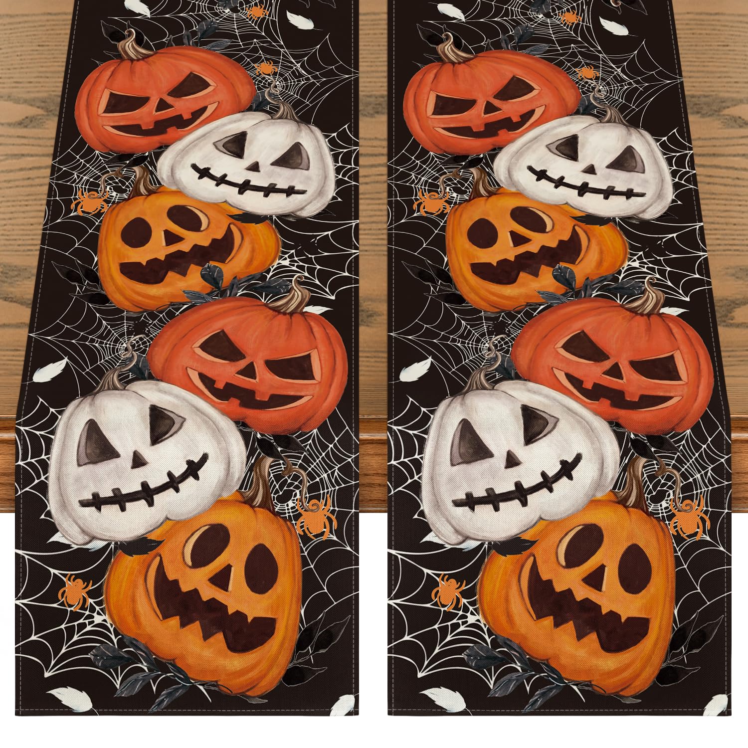 Artoid Mode Black Pumpkins Spider Web Leaves 2Pcs Halloween Table Runner, Seasonal Fall Kitchen Dining Table Decoration Home Par