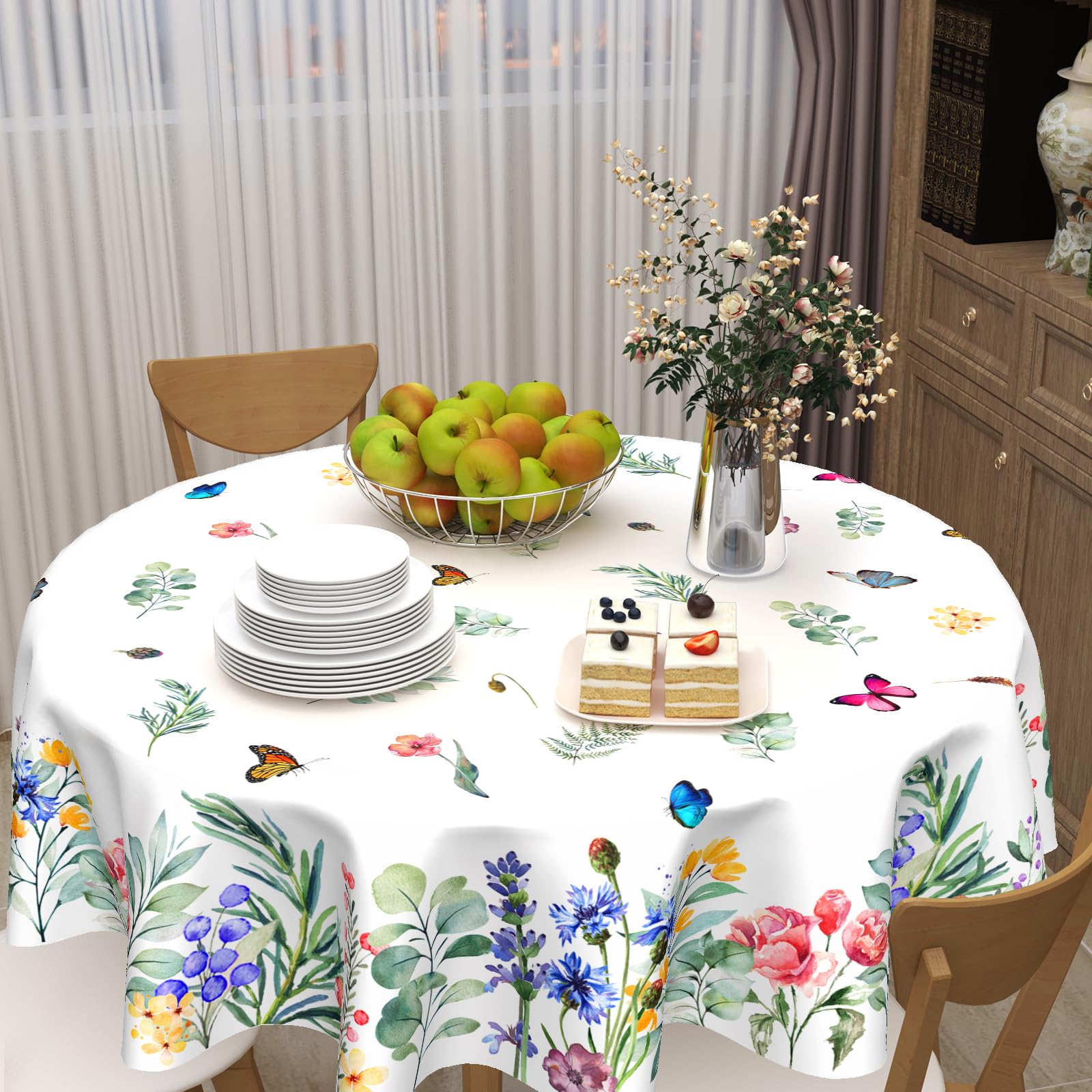 Absop Spring Summer Floral Tablecloth Round 60 Inch Watercolor Butterfly Flower Table Cloth Washable Farmhouse Table Covers For