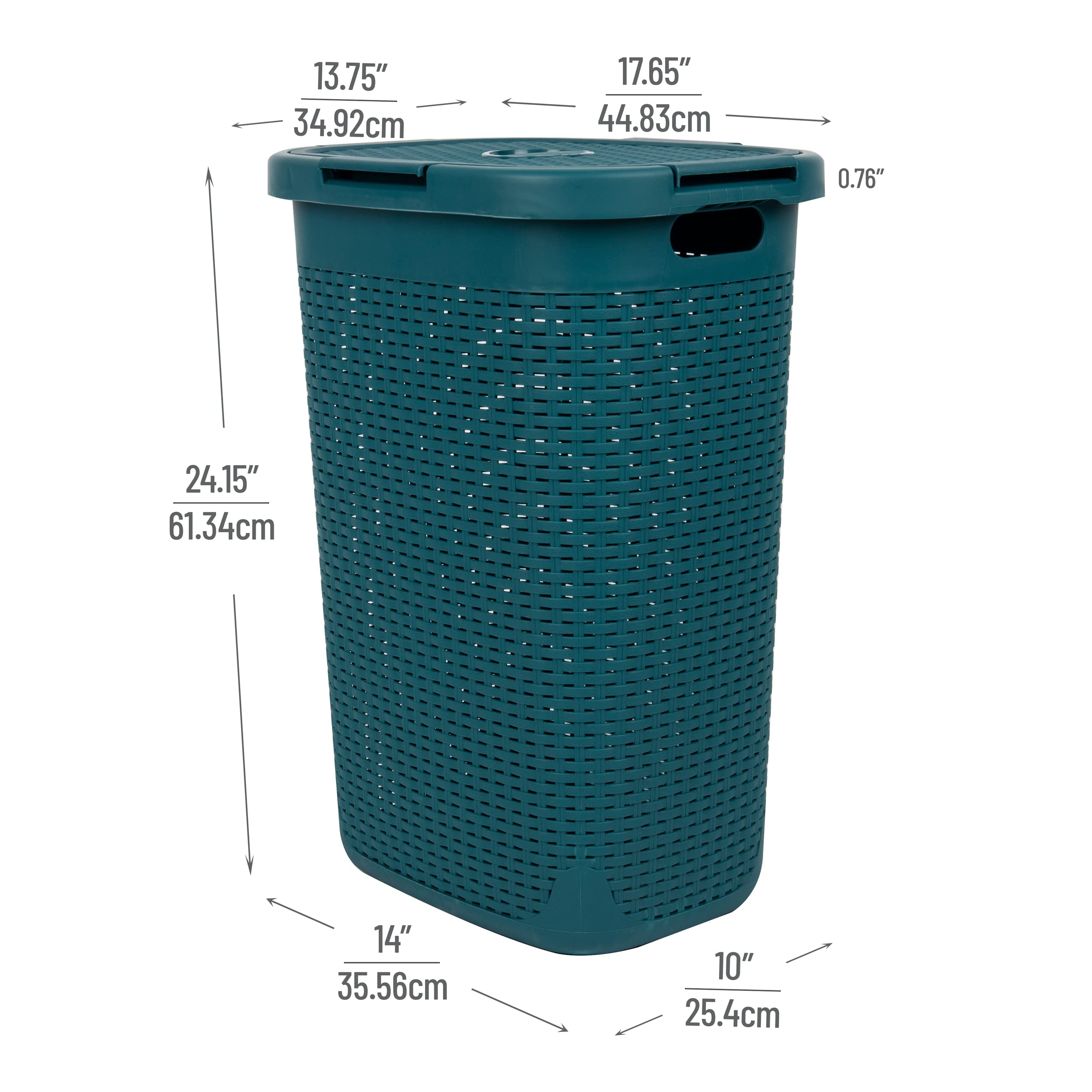 Mind Reader 60L Slim Laundry Hamper, Clothes Basket, Lid, Wicker Design, Plastic, 17.65''L X 13.75''W X 24.15''H, Blue