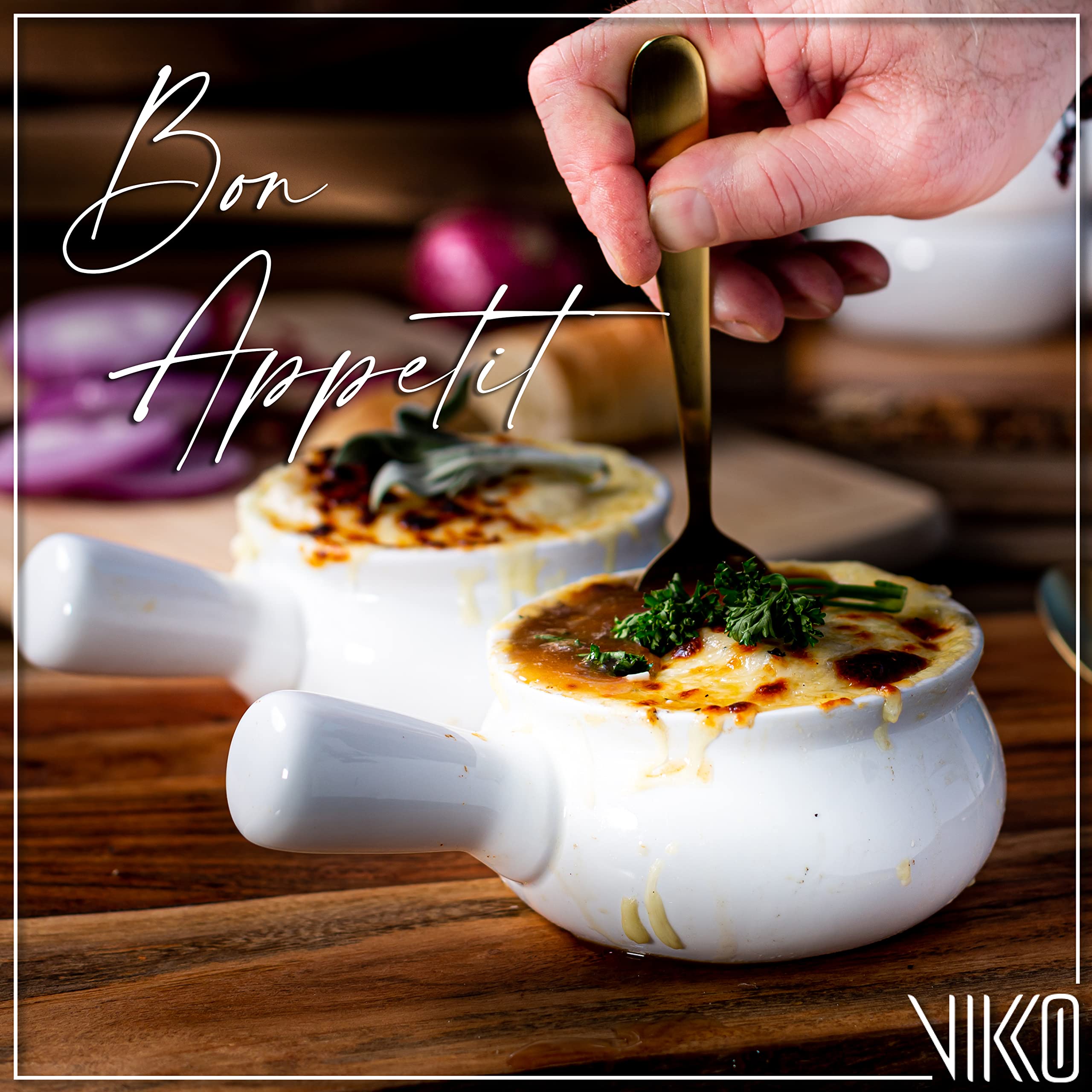 Vikko Soup Bowls, Set Of 4 Soup Bowls With Handles, 10 Ounce,Microwave Safe, French Onion Soup Crocks Oven Safe, Porcelain Soup