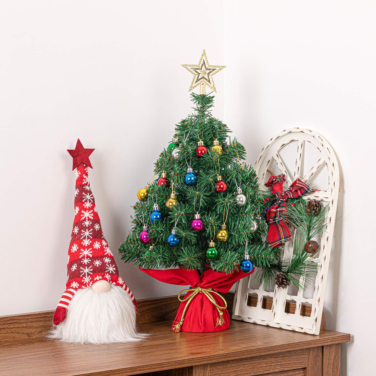 Sunnyglade 22Inch Tabletop Christmas Tree Mini Artificial Christmas Tree with 30 LED Lights & 24 Pcs Xmas Ball for Table Top Des