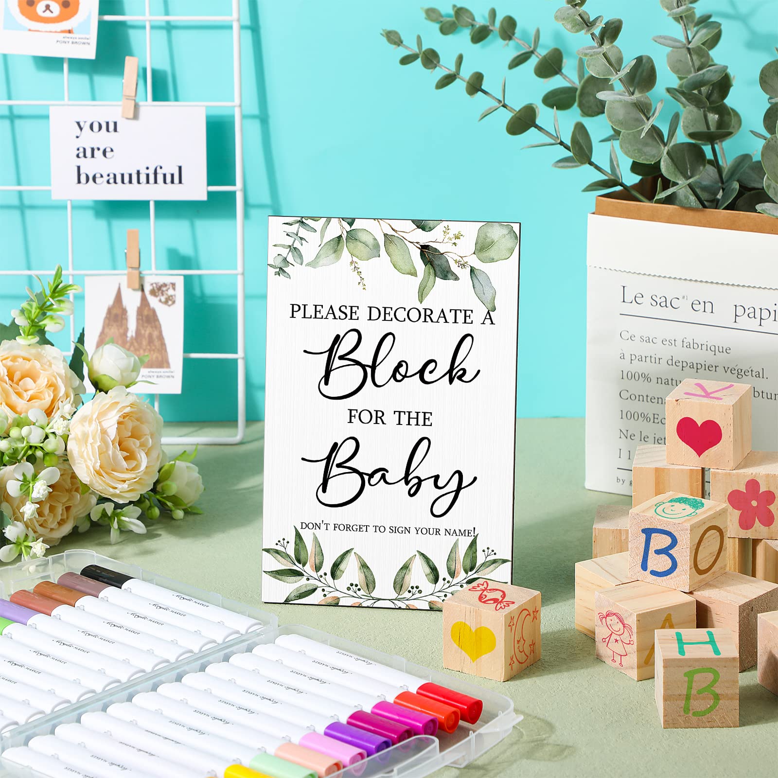 Tatuo 75 Pcs Baby Shower Decorate A Block Games Kit Including Decorate A Block Game Sign 50 Diy Wooden Block 24 Acrylic Paint Ma