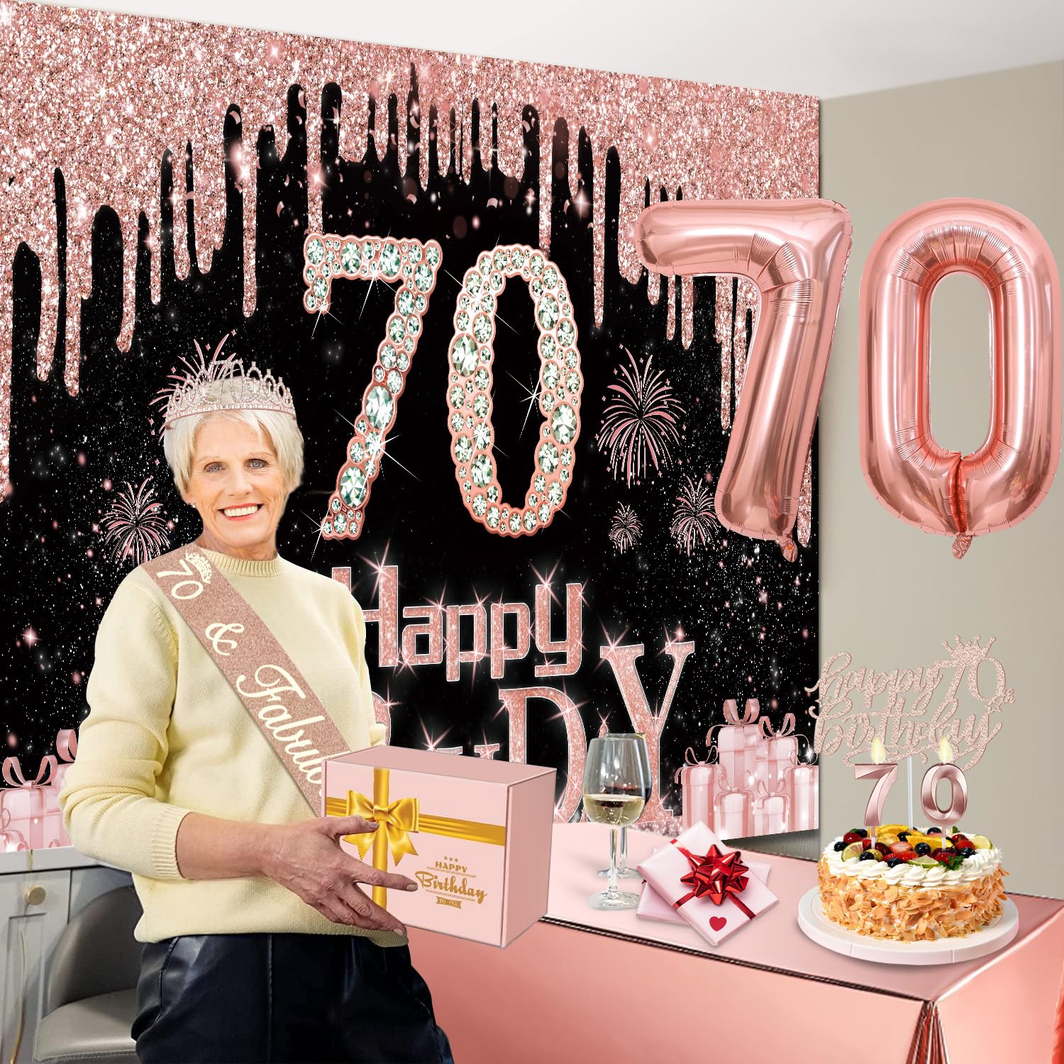70Th Birthday Decorations For Women With Banner, Rose Gold Tablecloth, Number Balloons, 70Th Birthday Sash And Tiara, Cake Toppe