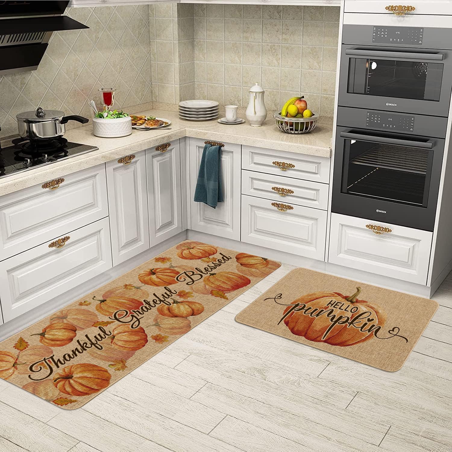 HSOWKDN Fall Kitchen Rugs Set of 2 Indoor Home Decor, Fall Kitchen Mats for Floor 2 Piece Non Slip Washable Hello Pumpkin Thanks