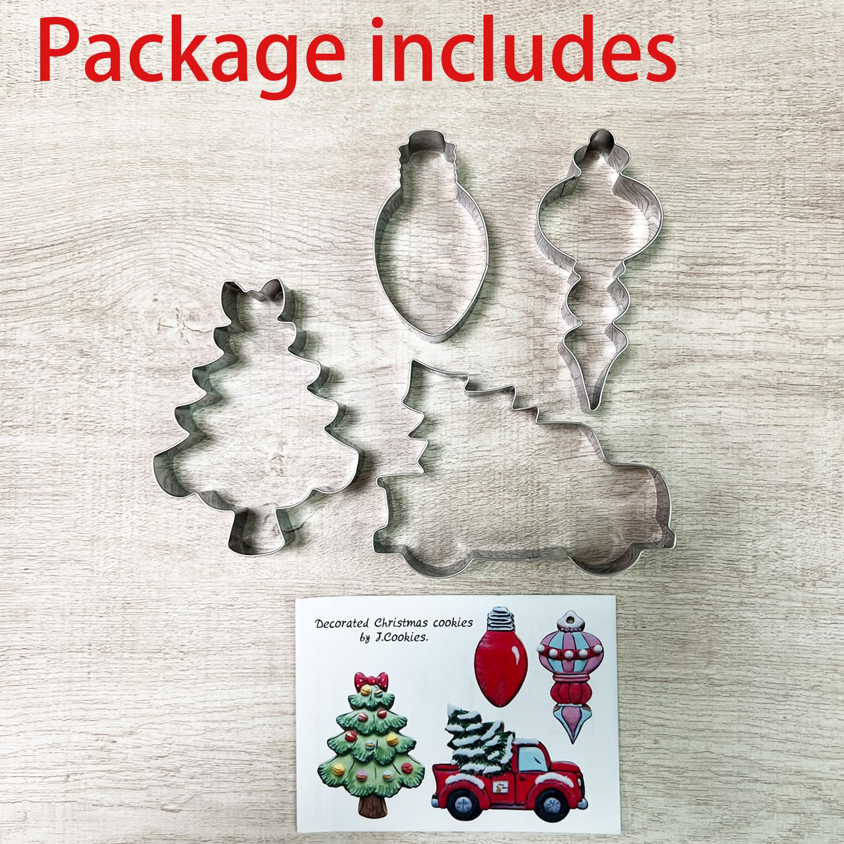 Liliao Christmas Cookie Cutter Set, 4-Pc, Pickup Truck With Christmas Tree, Christmas Tree, Light Bulb And Christmas Ornament Bi