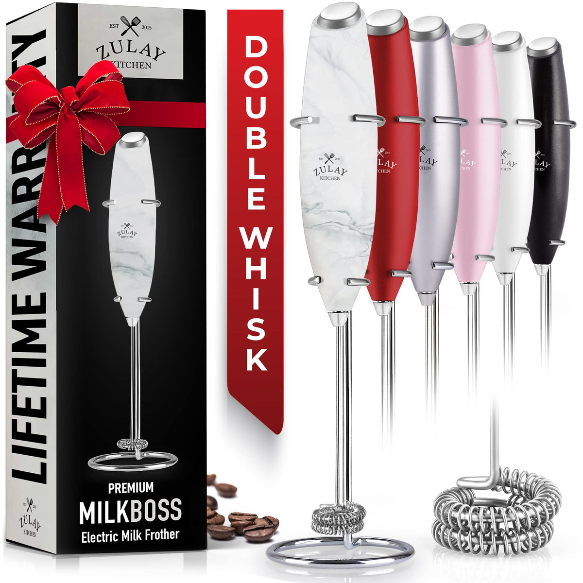 Zulay Kitchen Powerful Double Whisk Milk Frother Handheld - Foam Maker With Stand - Whisk Drink Mixer For Coffee, Mini Foamer Fo