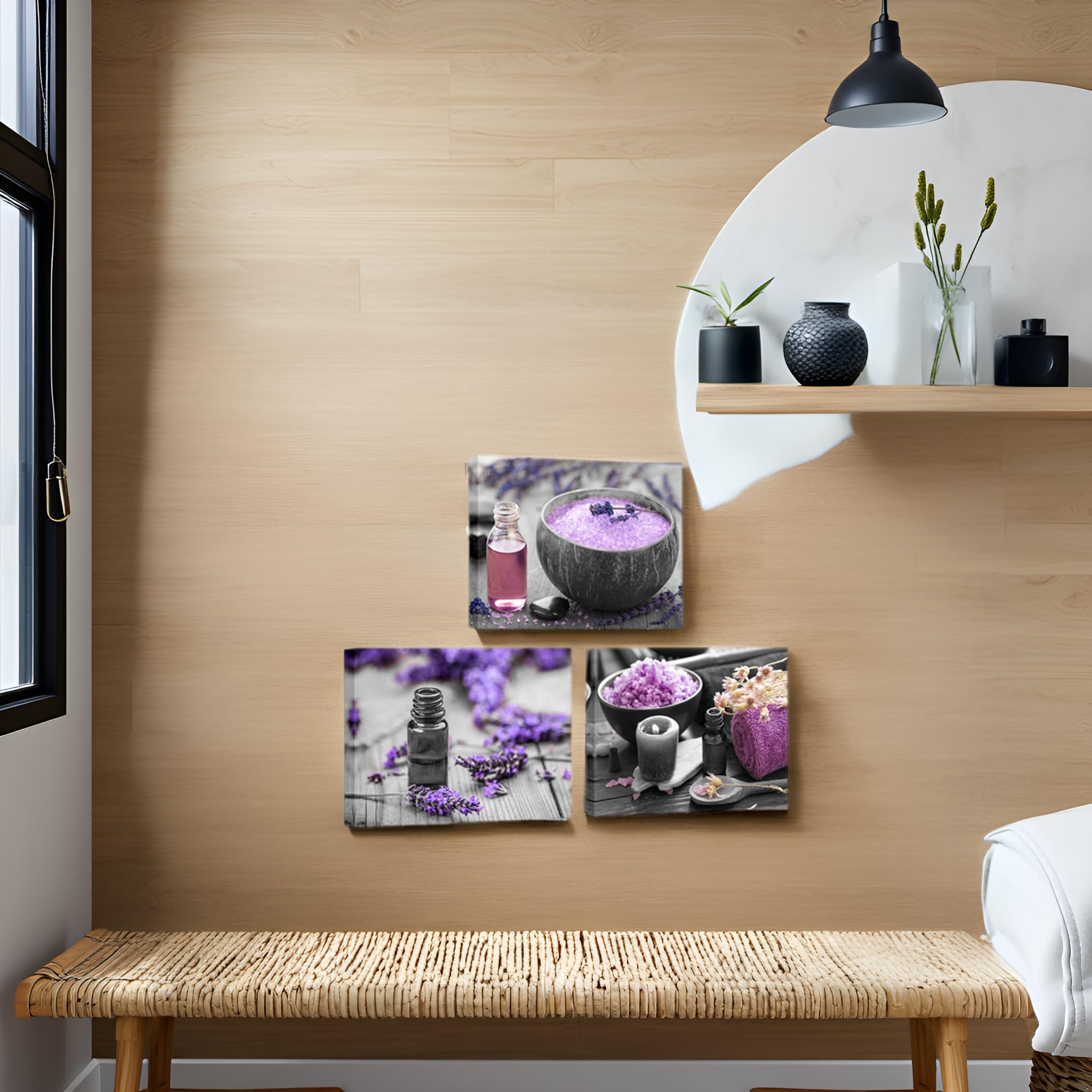 LevvArts 3 Piece Canvas Wall Art for Bathroom Wall Decor Purple Lavender Flower and Spa Salt Picture Painting Print on Canvas Zen Still Life Artwork Stretched Canvas Ready to Hang 12x16inchesx3pcs