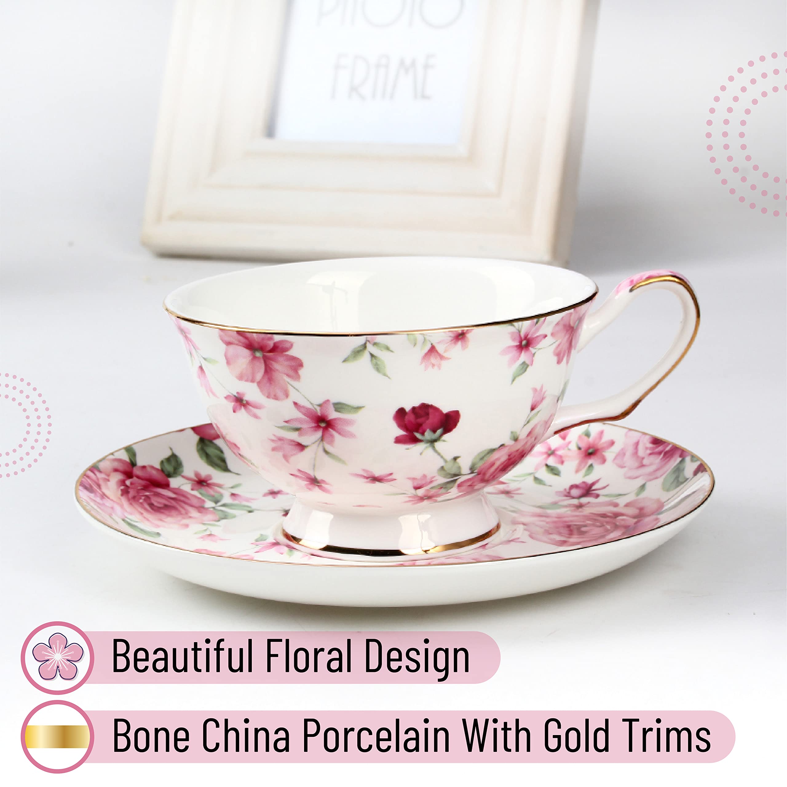 Btat- Tea Cups, Tea Cups And Saucers Set Of 6, Tea Set, Floral Tea Cups (8Oz), Tea Cups And Saucers Set, Tea Set, Porcelain Tea