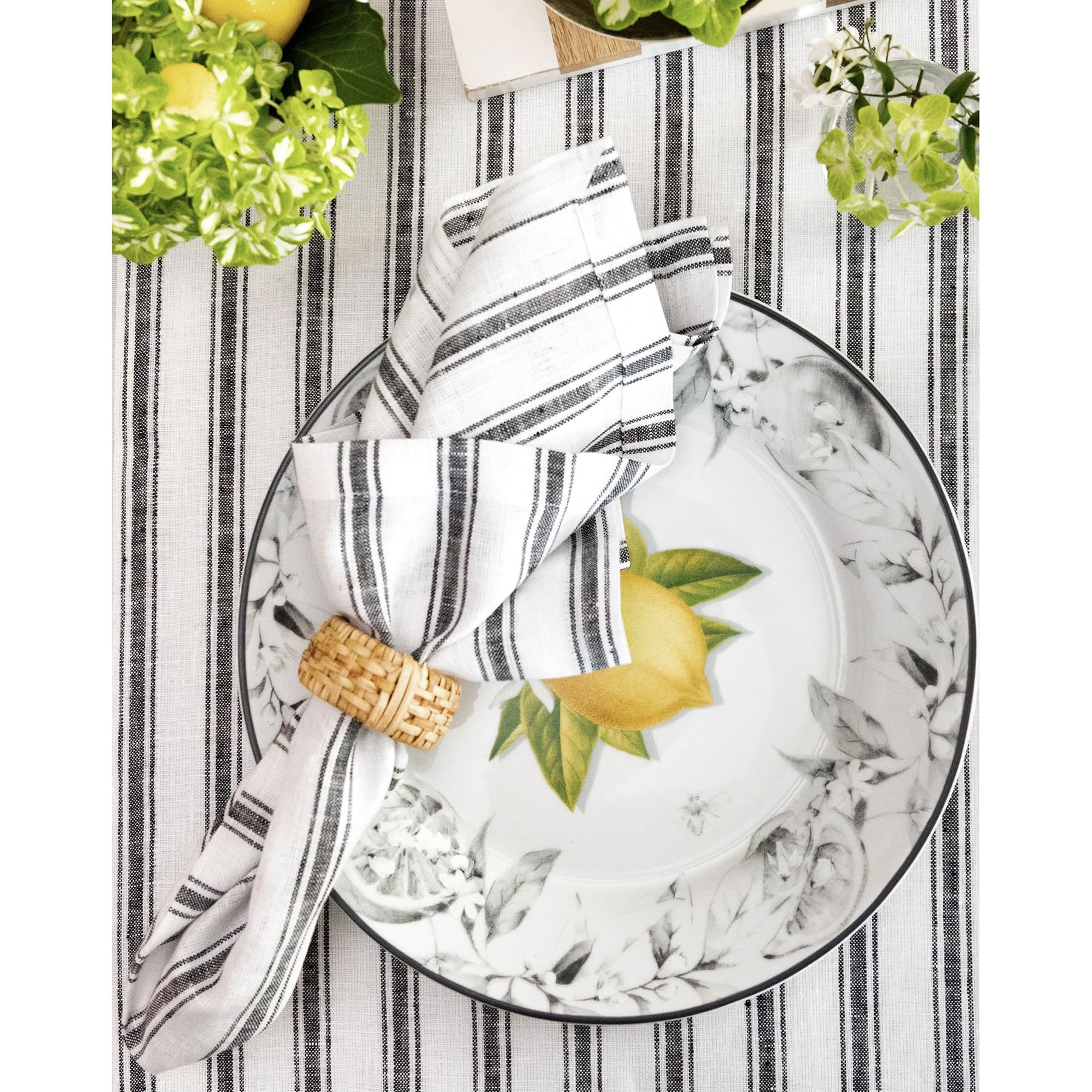 Solino Home Linen Stripe Table Runner 108 Inches Long - 100% Pure Linen Black And White Spring Table Runner 14 X 108 Inch - Farm