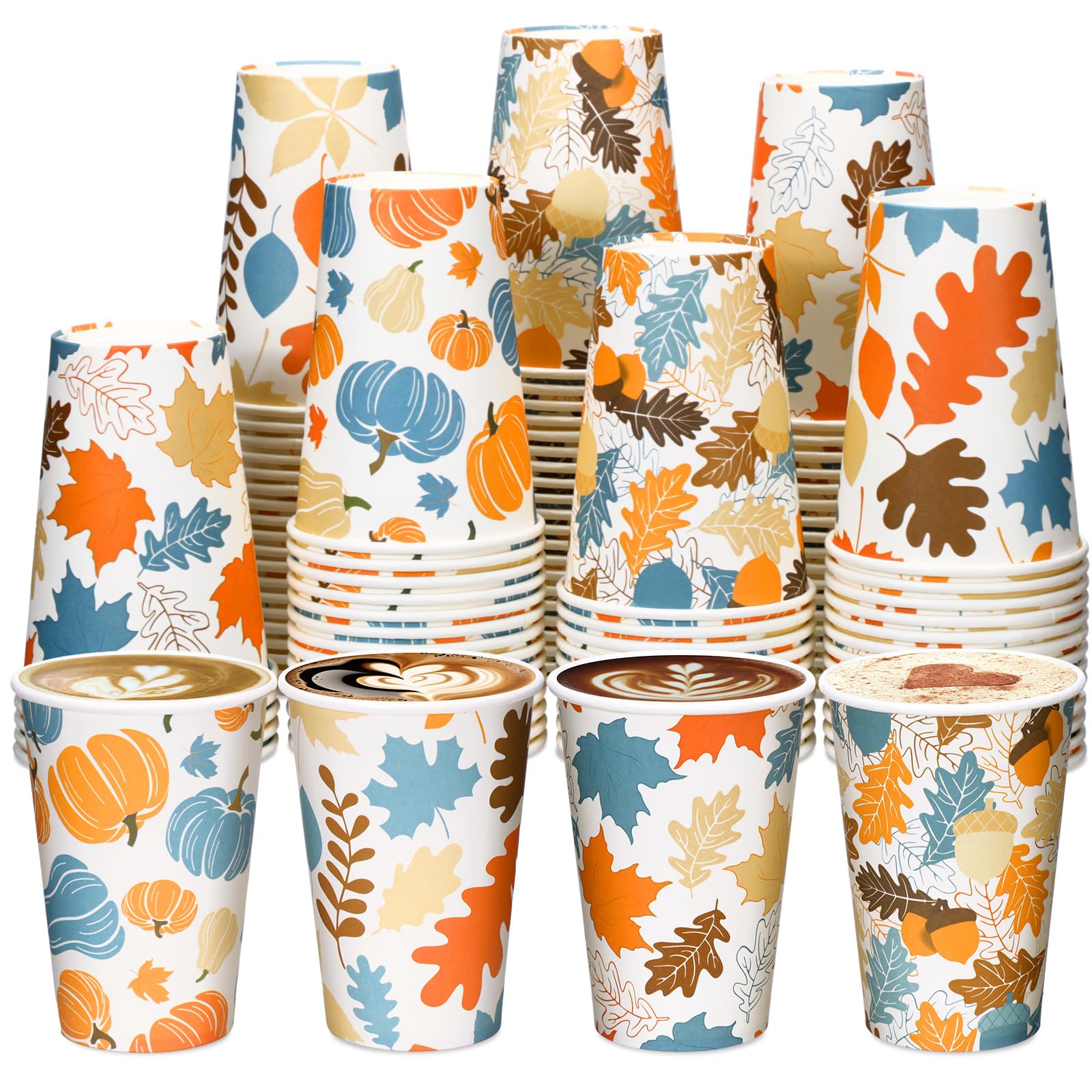 FoldTier 100 Pcs 12 oz Fall Coffee Disposable Paper Cups Maple Leaves Paper Pumpkin Thanksgiving Autumn Cups for Harvest Fall Pa