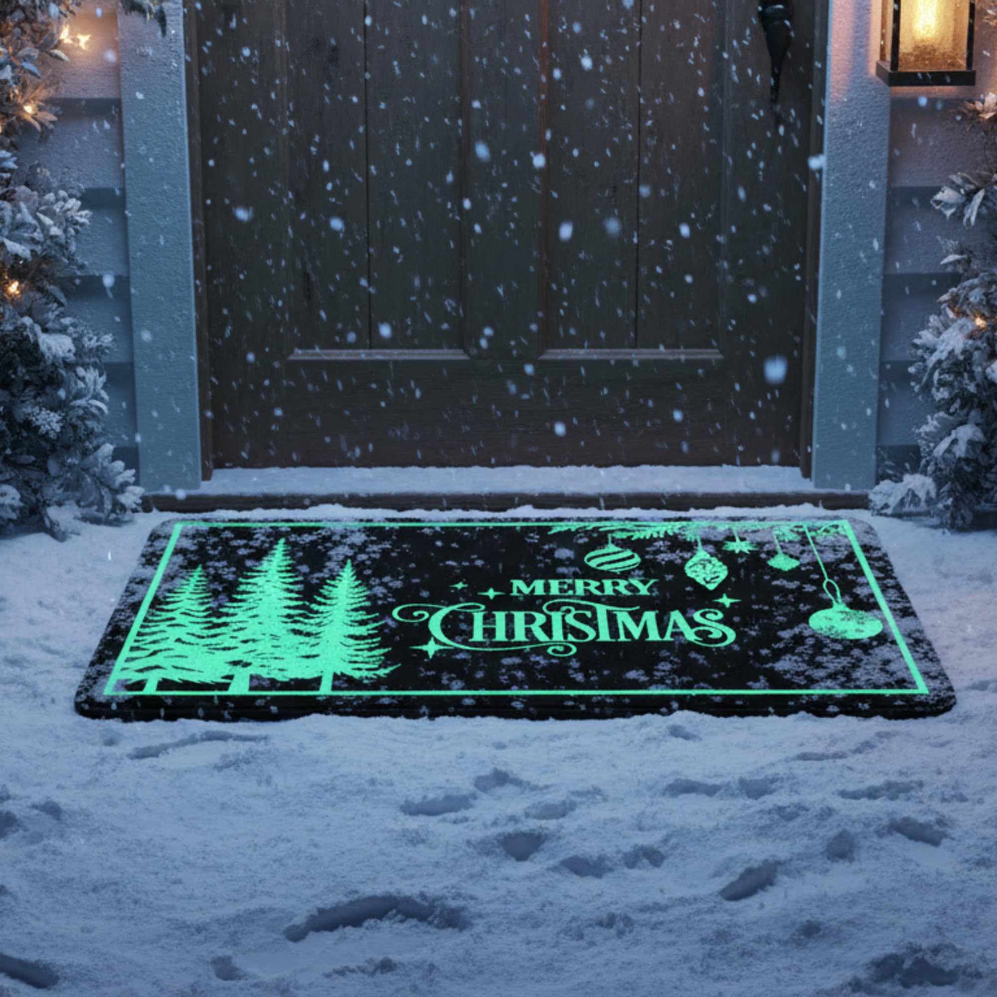 Nuanchu Glow in The Dark Merry Christmas Doormats Entrance Rugs 17x27 Decorative Luminous Kitchen Rugs Light Balls Hanging Xmas
