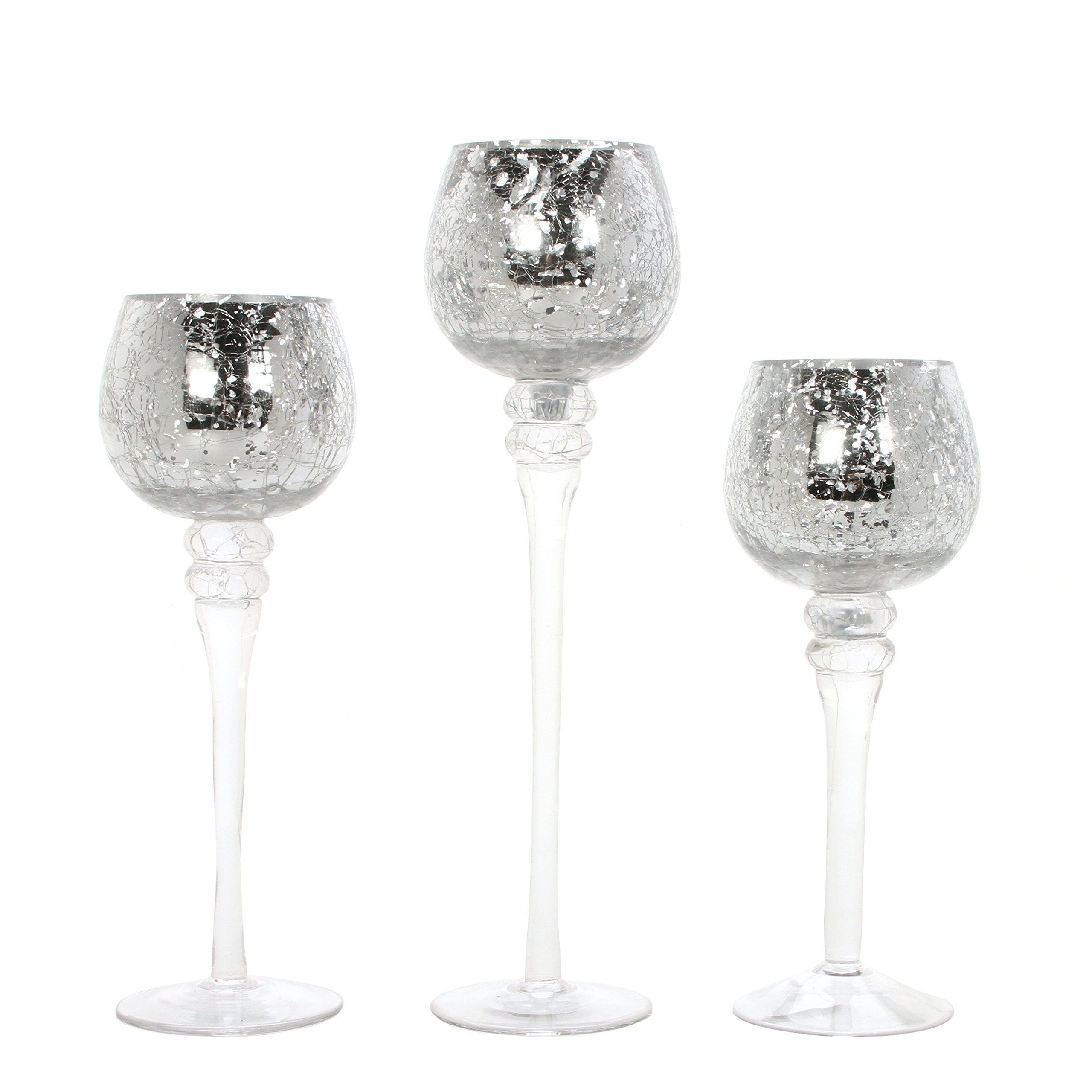 Hosley Set of 3 Crackle Metallic Glass Tealight Holders 12 Inch, 10 Inch, 9 Inch Elegant Home Decor for Ambient Lighting and Sty