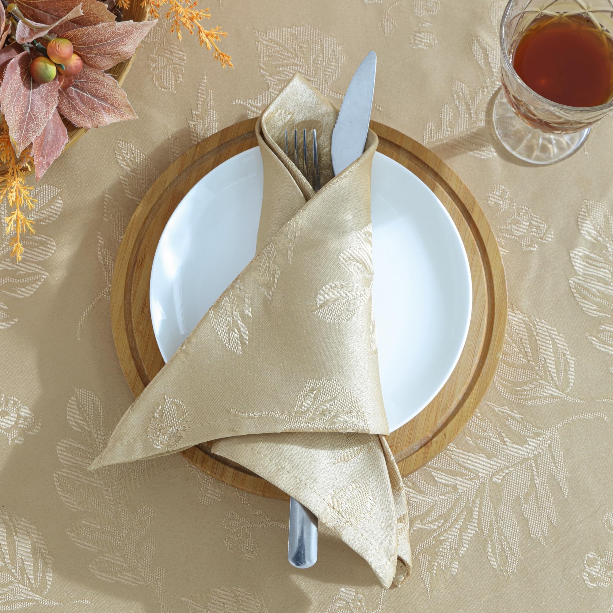 Elrene Home Fashions Elegant Woven Leaves Jacquard Damask Cloth Napkin Set, 17'' X 17'', Pack Of 8, Taupe