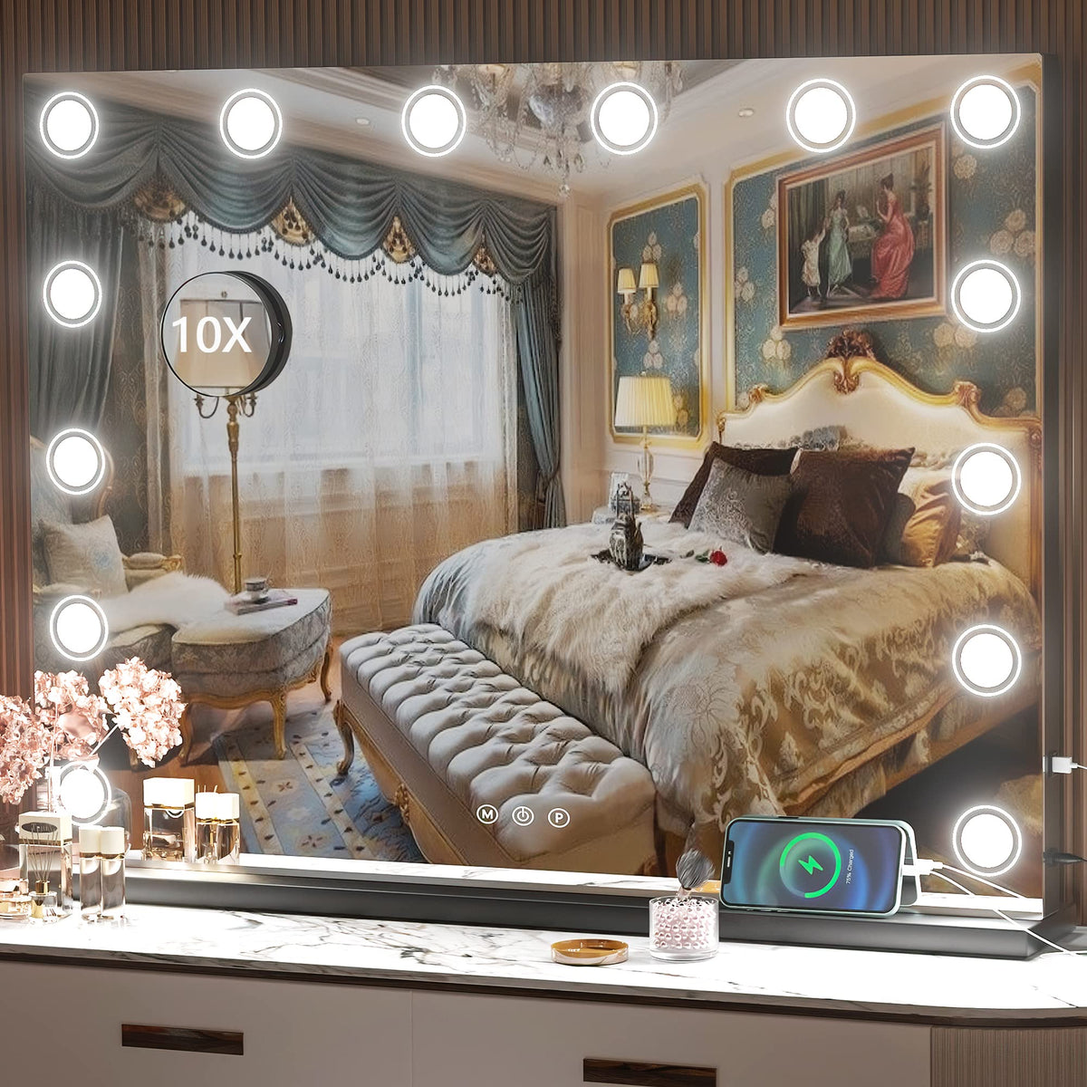 Hasipu Vanity Mirror With Lights, 32'' X 24'' Makeup Mirror, Light Up Mirror With 14 Dimmable Led Lights And 10X Magnification,