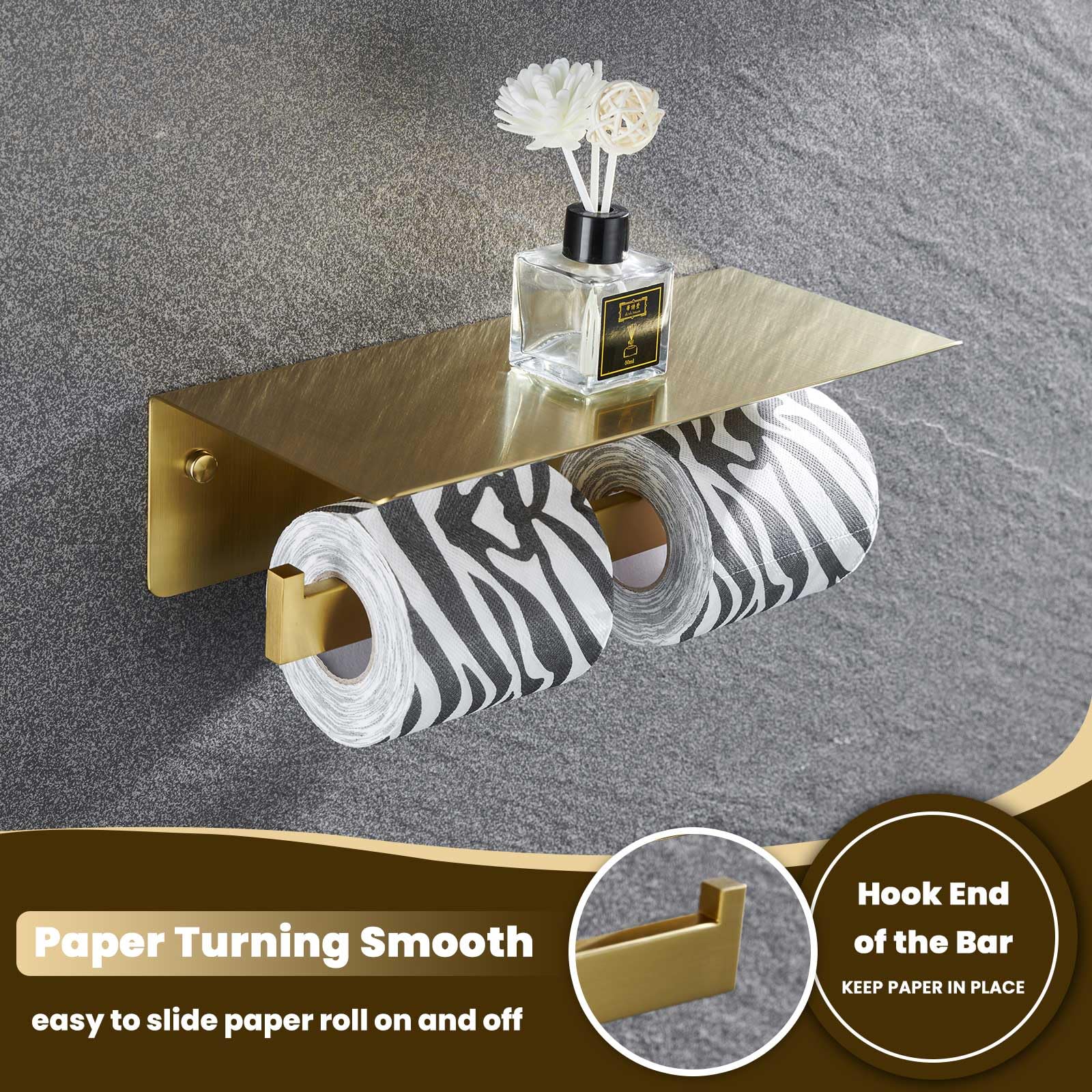Toilet Paper Holder With Shelf Brushed Gold, Suyar 304 Stainless Steel Bathroom Double Paper Roll Holder With Phone Storage, Wal
