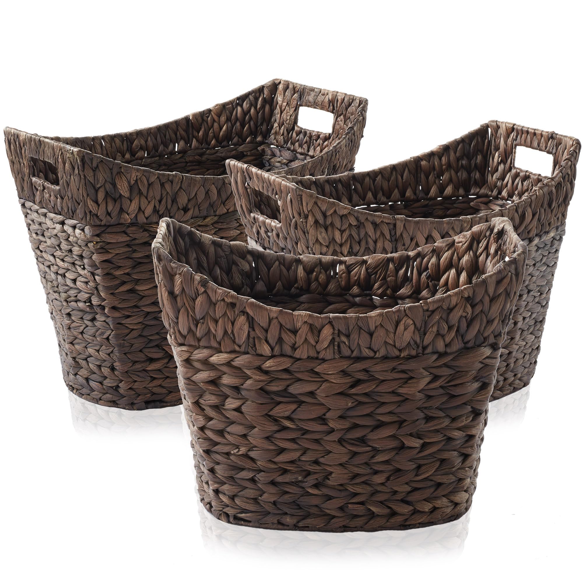 Casafield Set Of 3 Stackable Oval Laundry Baskets With Handles - Espresso, Woven Water Hyacinth Storage Totes For Throw Blankets