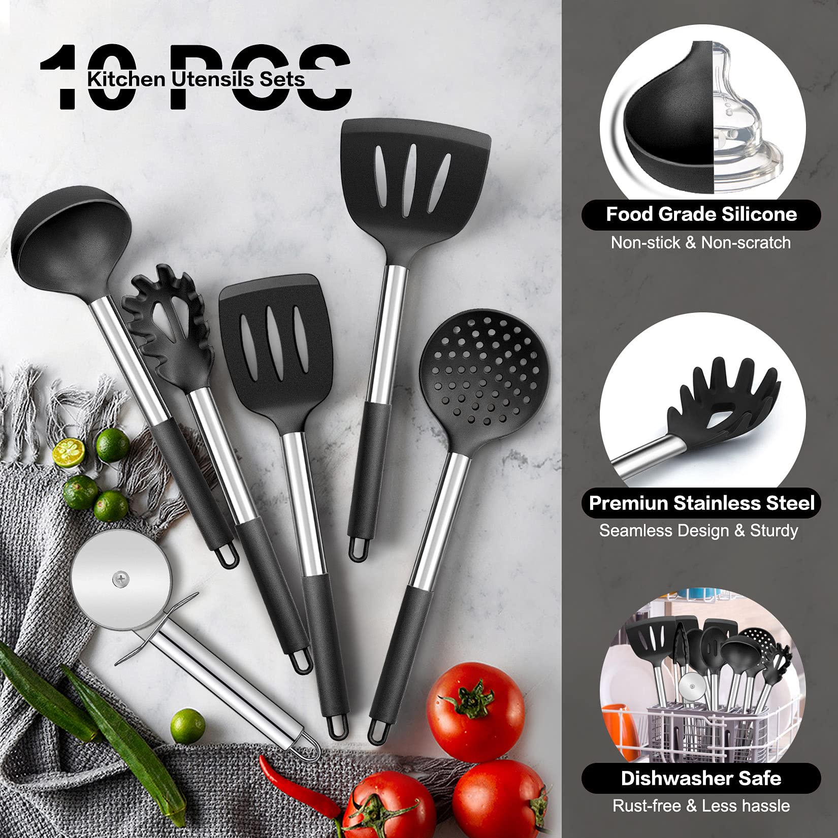 Black Kitchen Utensils Set Of 10, P&P Chef Heat-Resistant Silicone Cooking Utensil With Stainless Steel Handle, Include Turner,S