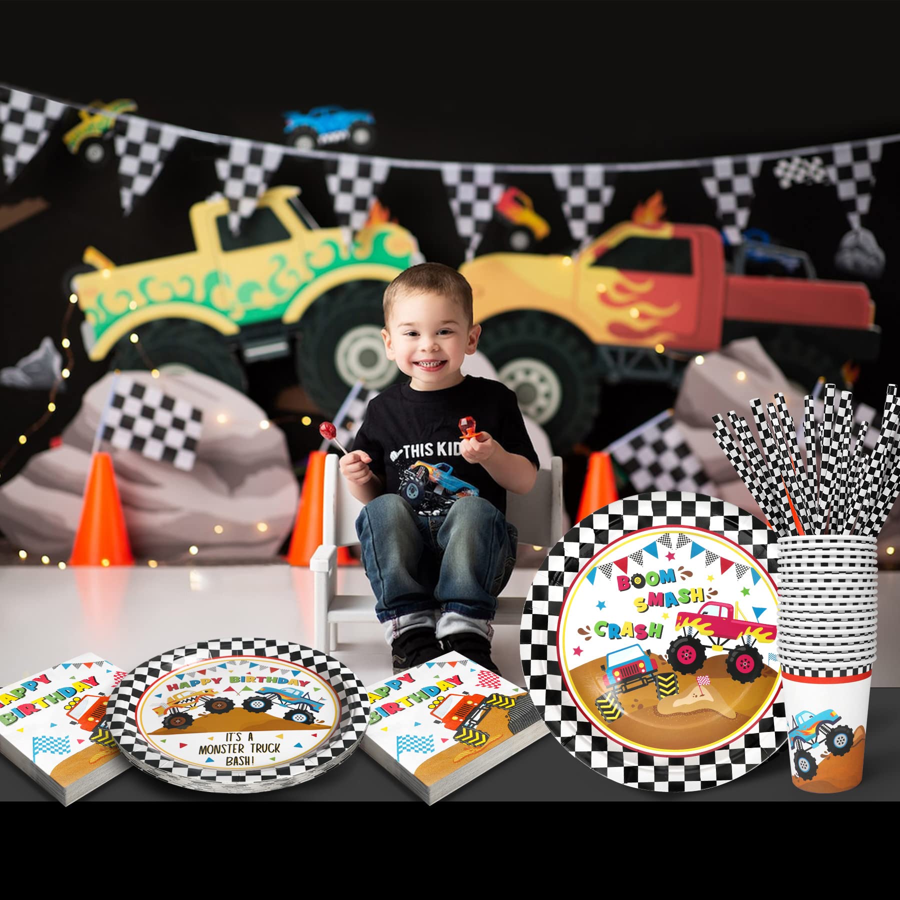 Monster Truck Party Supplies Decorations, Kids Birthday Paper Plates And Napkins Set With Cups And Straws For 24 Guests, 120 Pcs