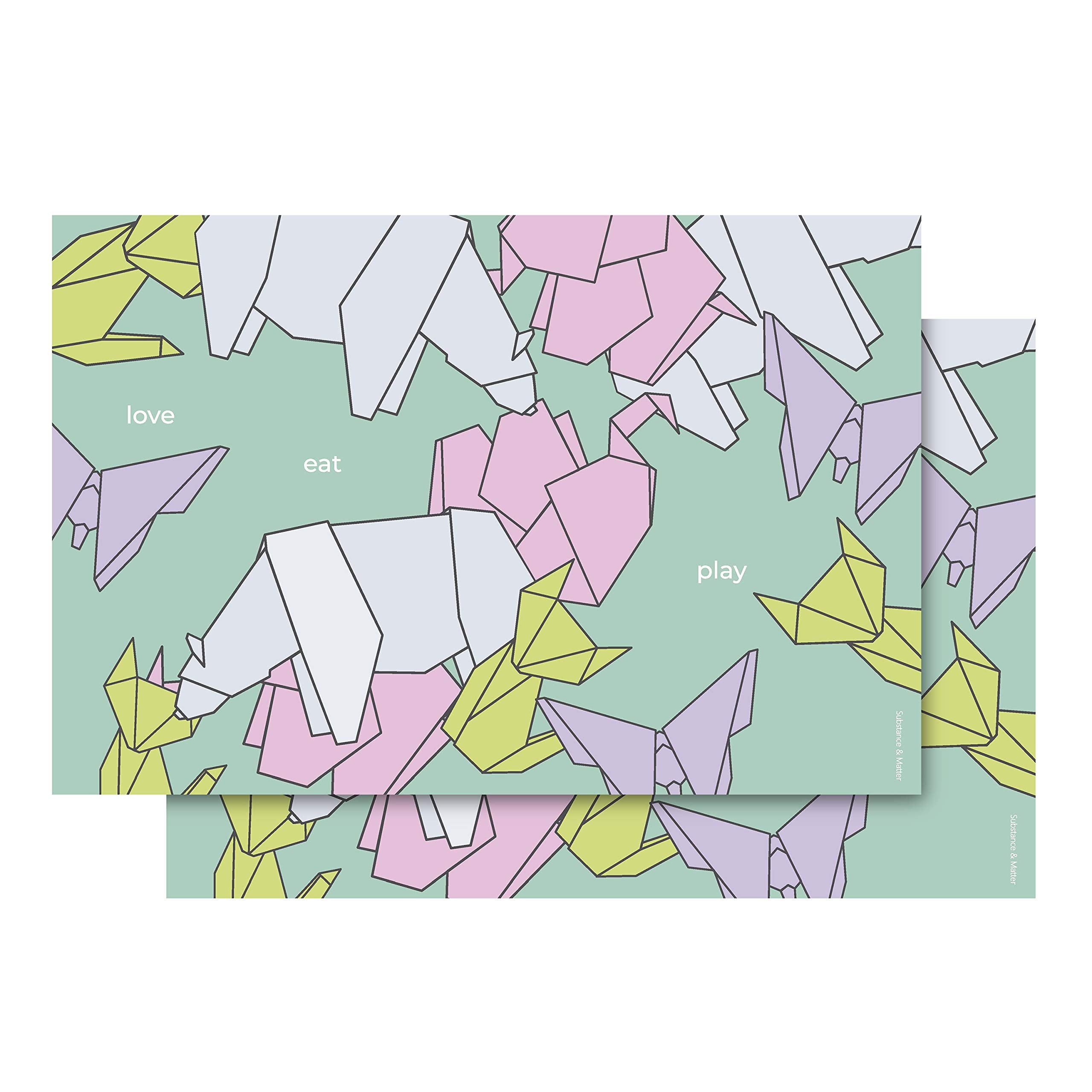 Substance & Matter - Set Of 2 Origami Animal Kids Silicone Placemats, 100% Food-Grade Silicone, Eco-Friendly, Non-Slip, Waterpro