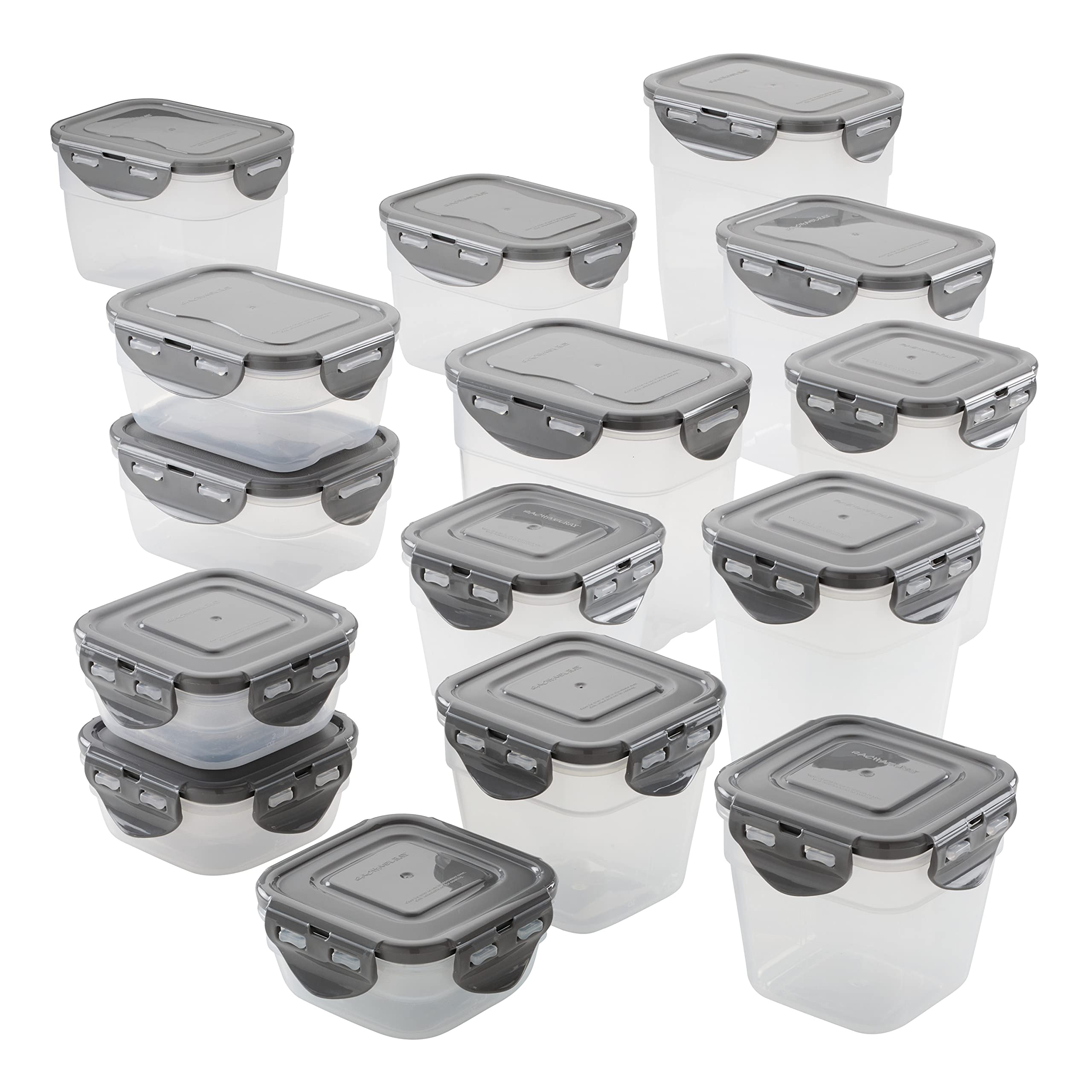 Rachael Ray Leak-Proof Stacking Container Food Storage Bin Set, 30-Piece, Clear With Gray Lids