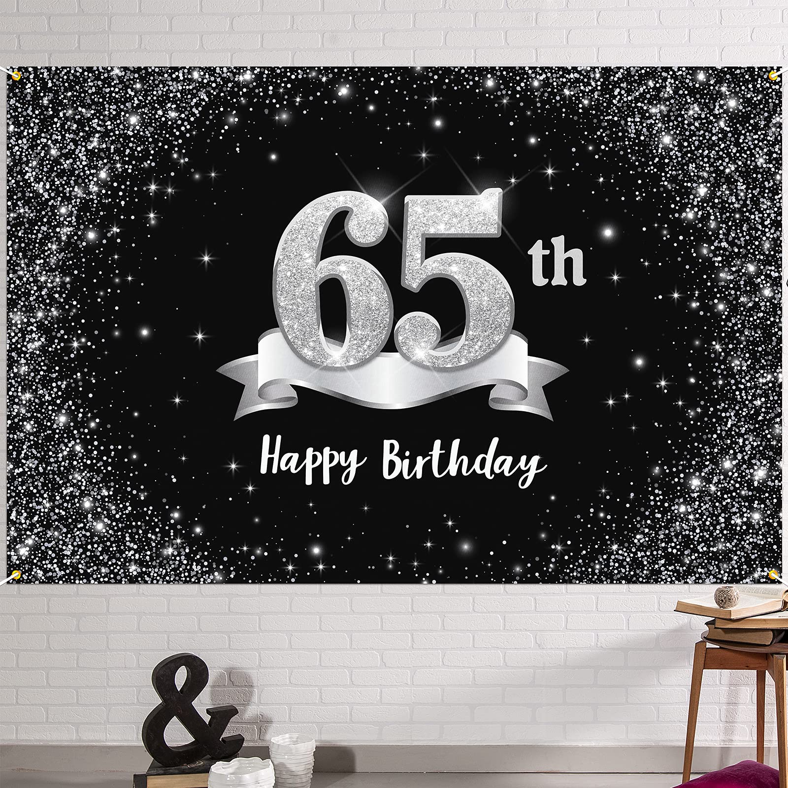 Hamigar 6X4Ft Happy 65Th Birthday Banner Backdrop - 65 Years Old Birthday Decorations Party Supplies For Women Men - Black Silve