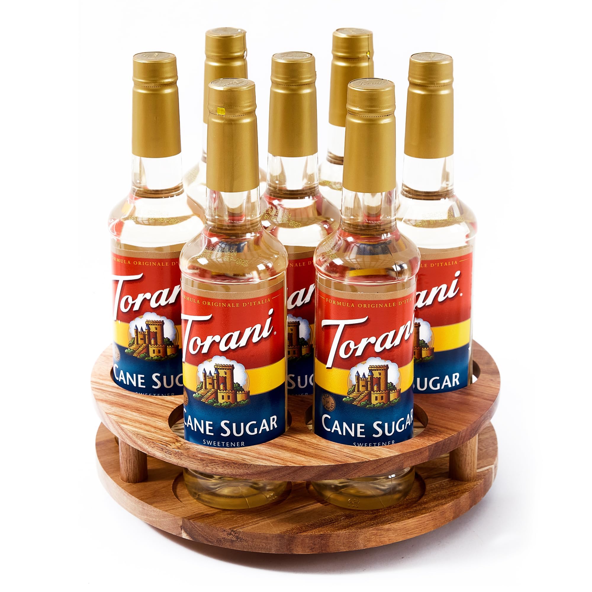 Govokoi Acacia Wood Rotating Coffee Syrup Organizer, 7 Bottles Coffee Syrup Rack, Coffee Station Organizer With Large Base And A
