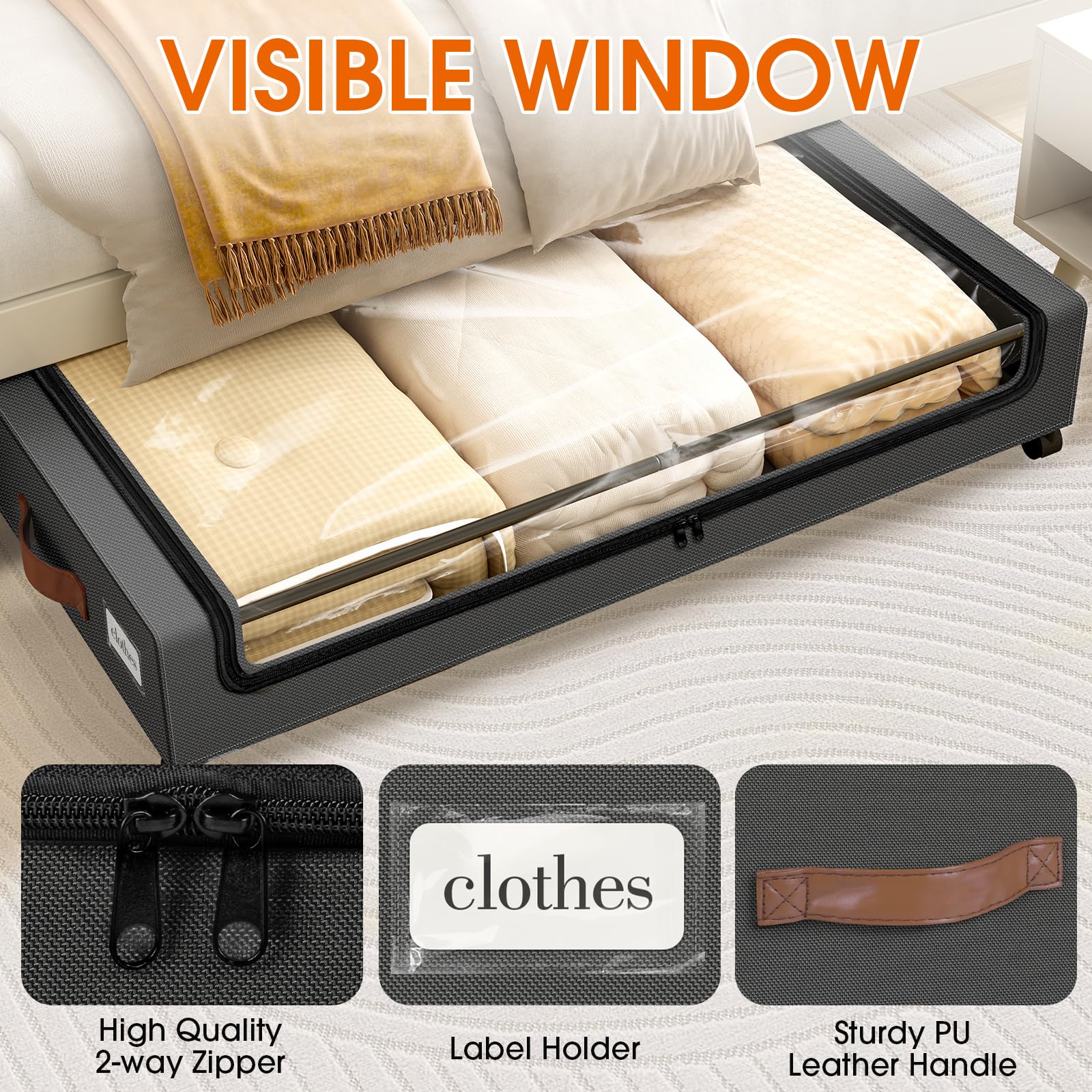 SpaceHacks Under Bed Storage with Wheels 3Pack Storage Containers with Clear Window&Label Under Bed Drawers Rolling Under Bed St