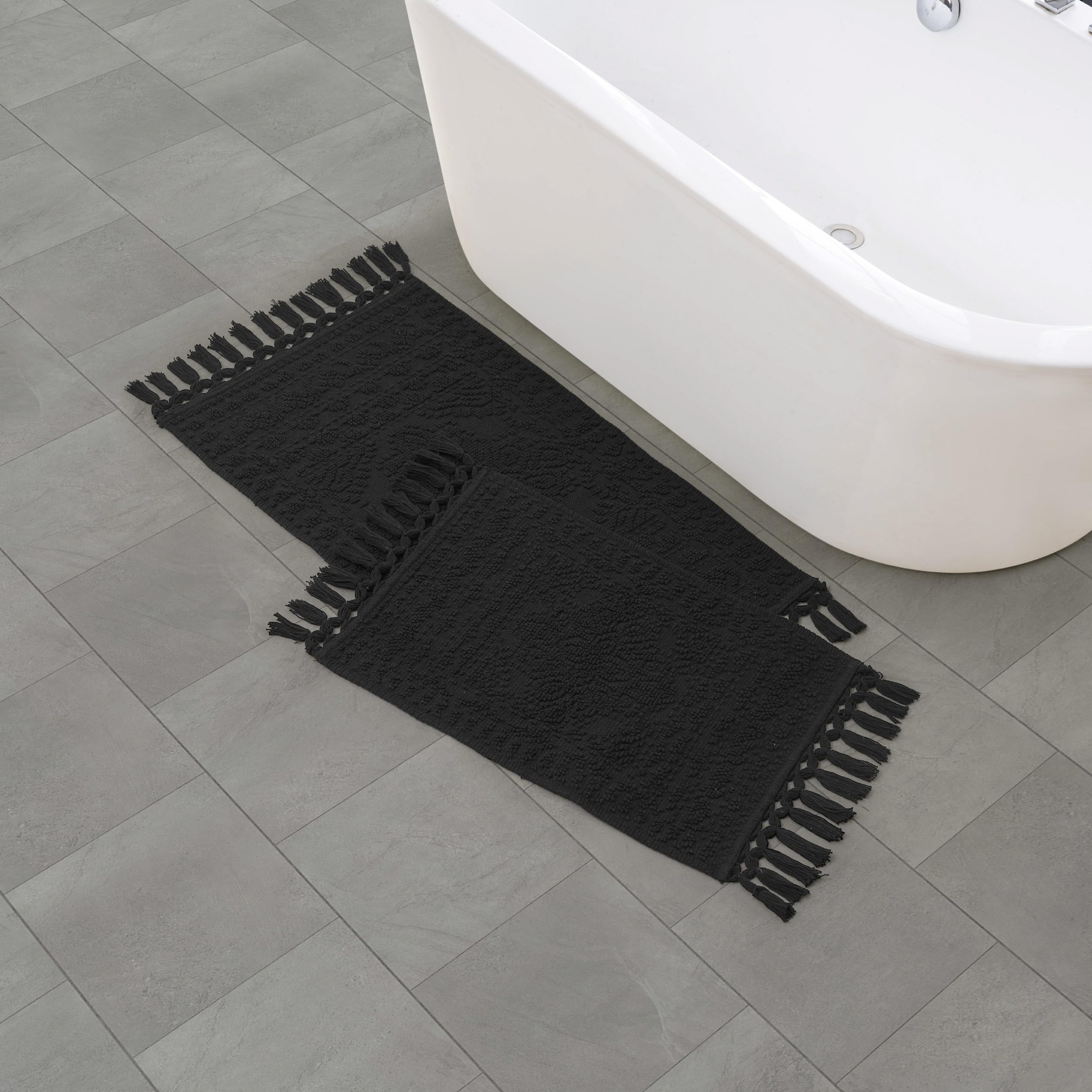 French Connection Nellore Fringe Cotton 17 x 28 in./20 x 38 in. 2-Piece Bath Rug Set, Black