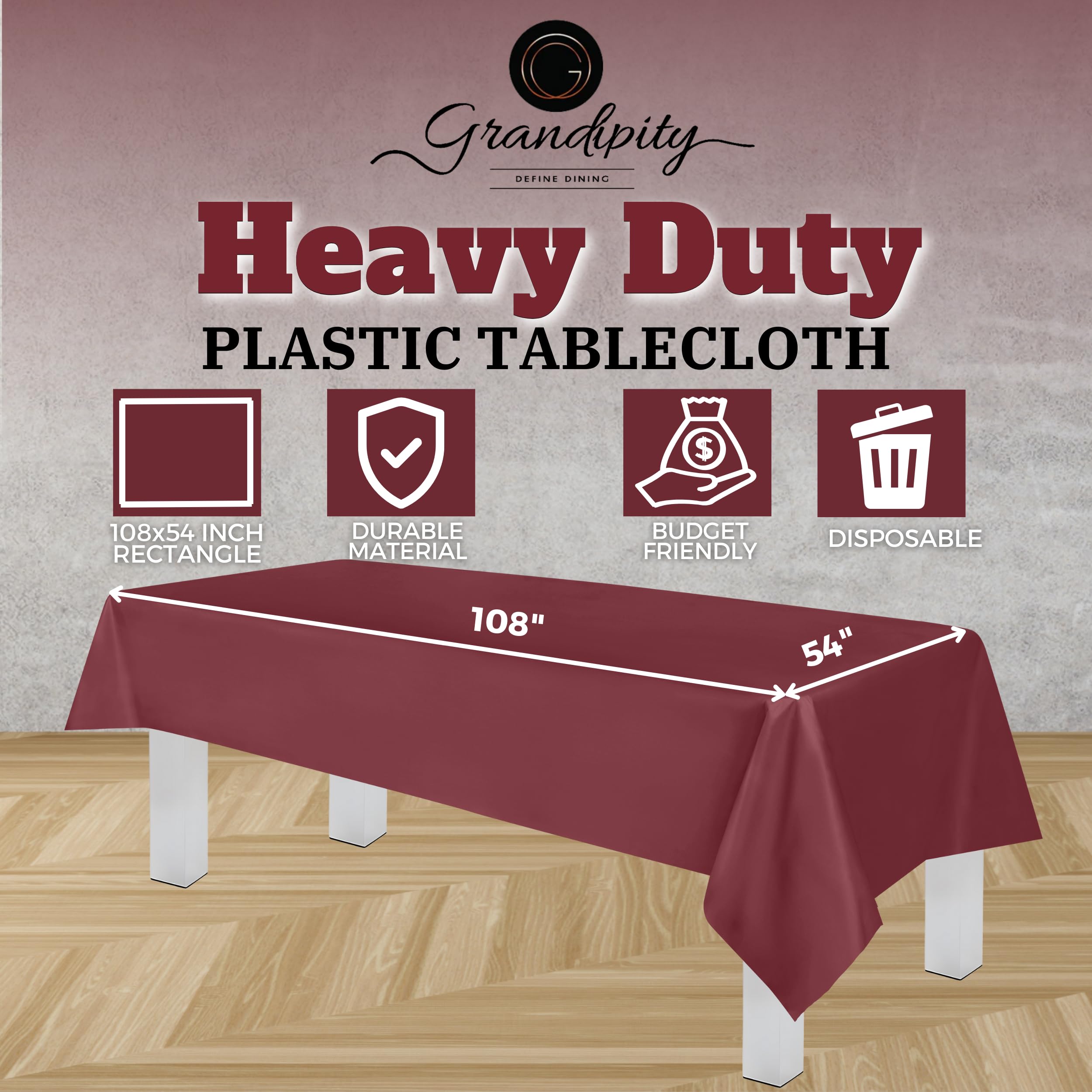 Grandipity Burgundy Plastic Table Cloth Disposable (6 Pk) 54In X 108In Plastic Tablecloths For Rectangle Tables - Premium Party
