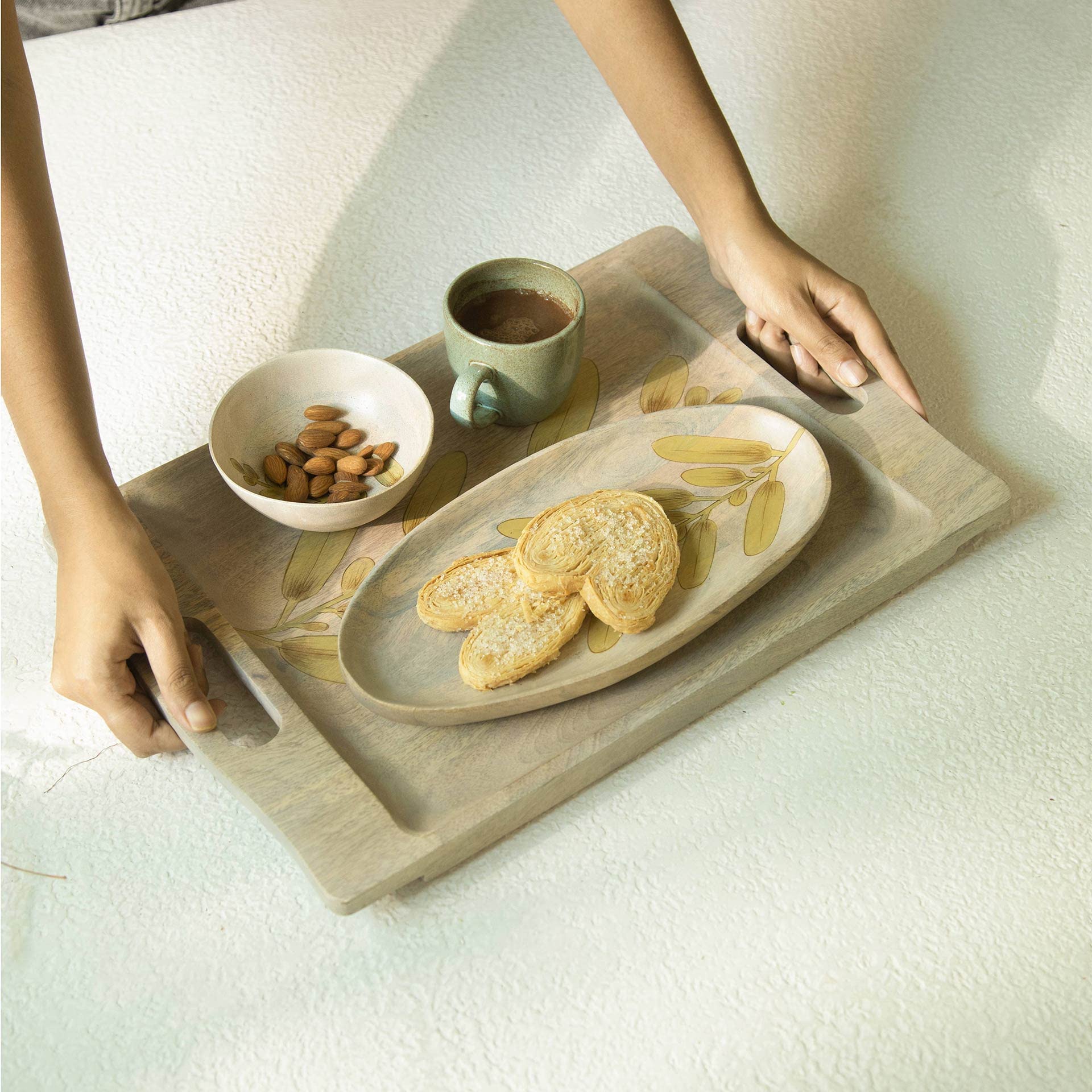 Ellementry Wisteria Yellow Tray For Serving And Organizing, Wooden Platter For Kitchen, Coffee Table & Dining Room Table, Food-S