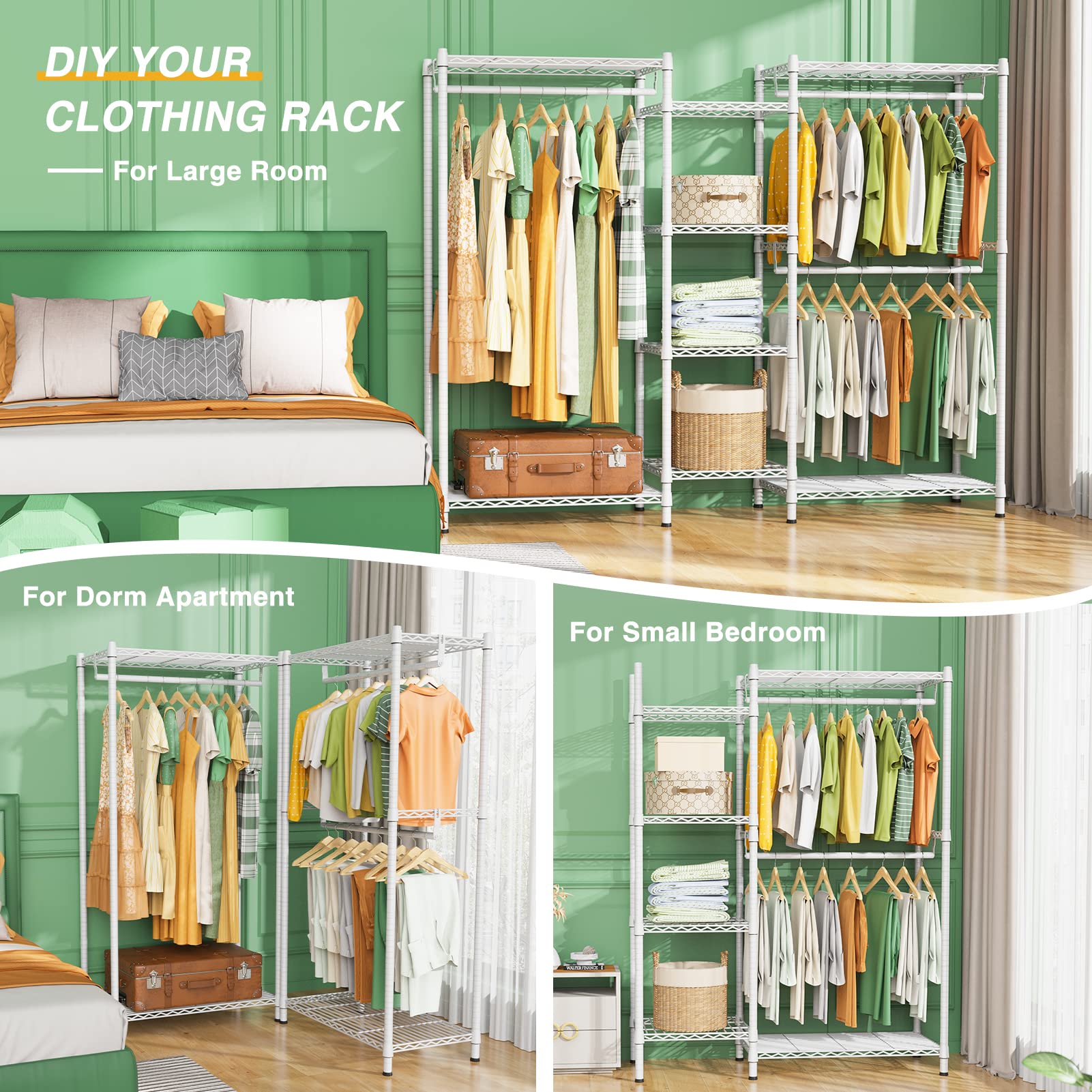 LEHOM G6 Wire Garment Rack Heavy Duty Clothes Rack Compact Large Size Armoire Storage Rack Freestanding Metal Clothing Rack Closet Wardrobe with 3 Hanger Rod and 4 Large Shelves 4 Small Shelves  White