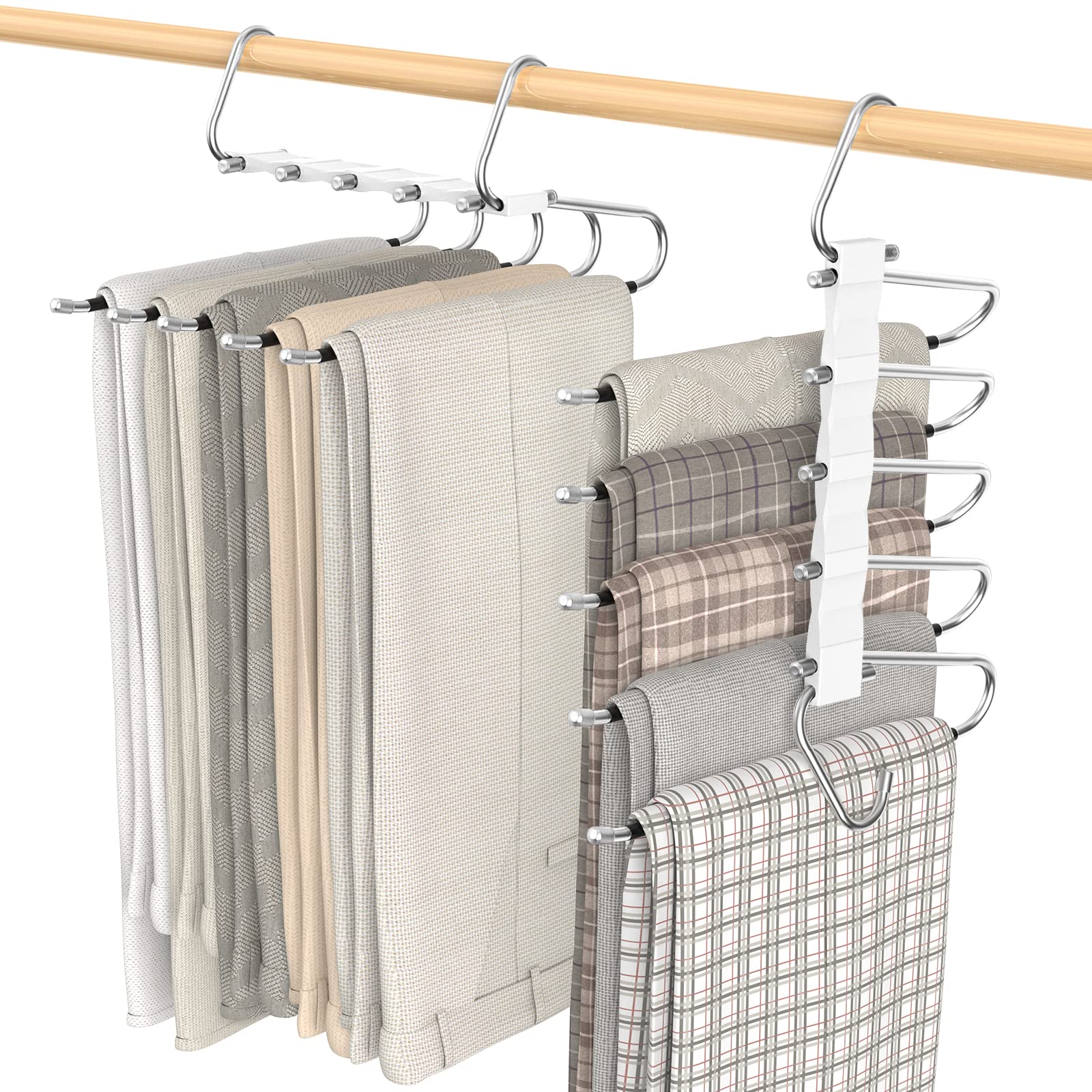 Loretoy 2 Pack Pants Hangers Space Saving, Anti-Slip Multi-Functional Pants Rack, Thickened Stainless Steel Tube With 10 Metal C