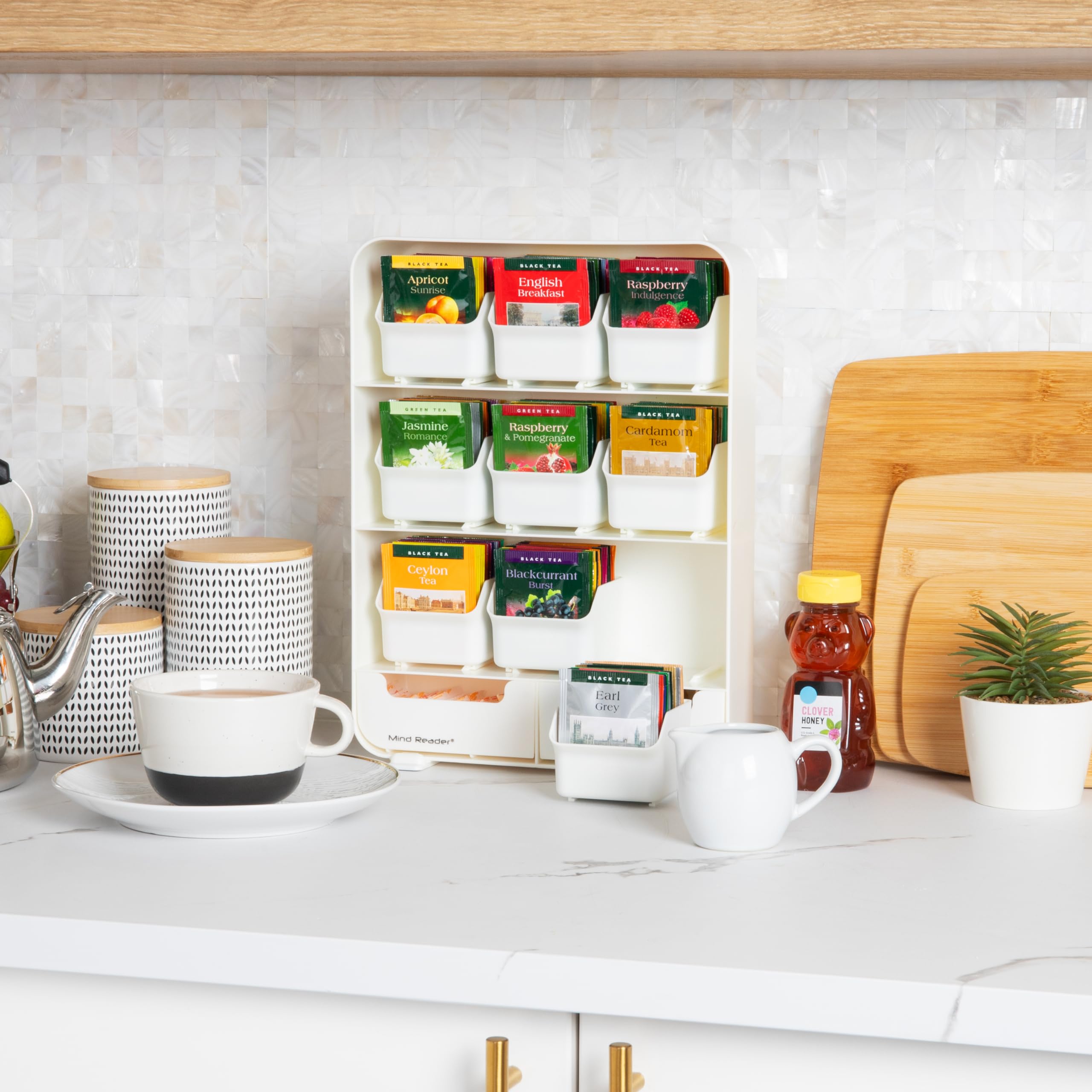Mind Reader Tea Bag Organizer - Plastic Kitchen Storage, 10.25"L x 3.25"W x 13.75"H, White, Model TBORG-WHT