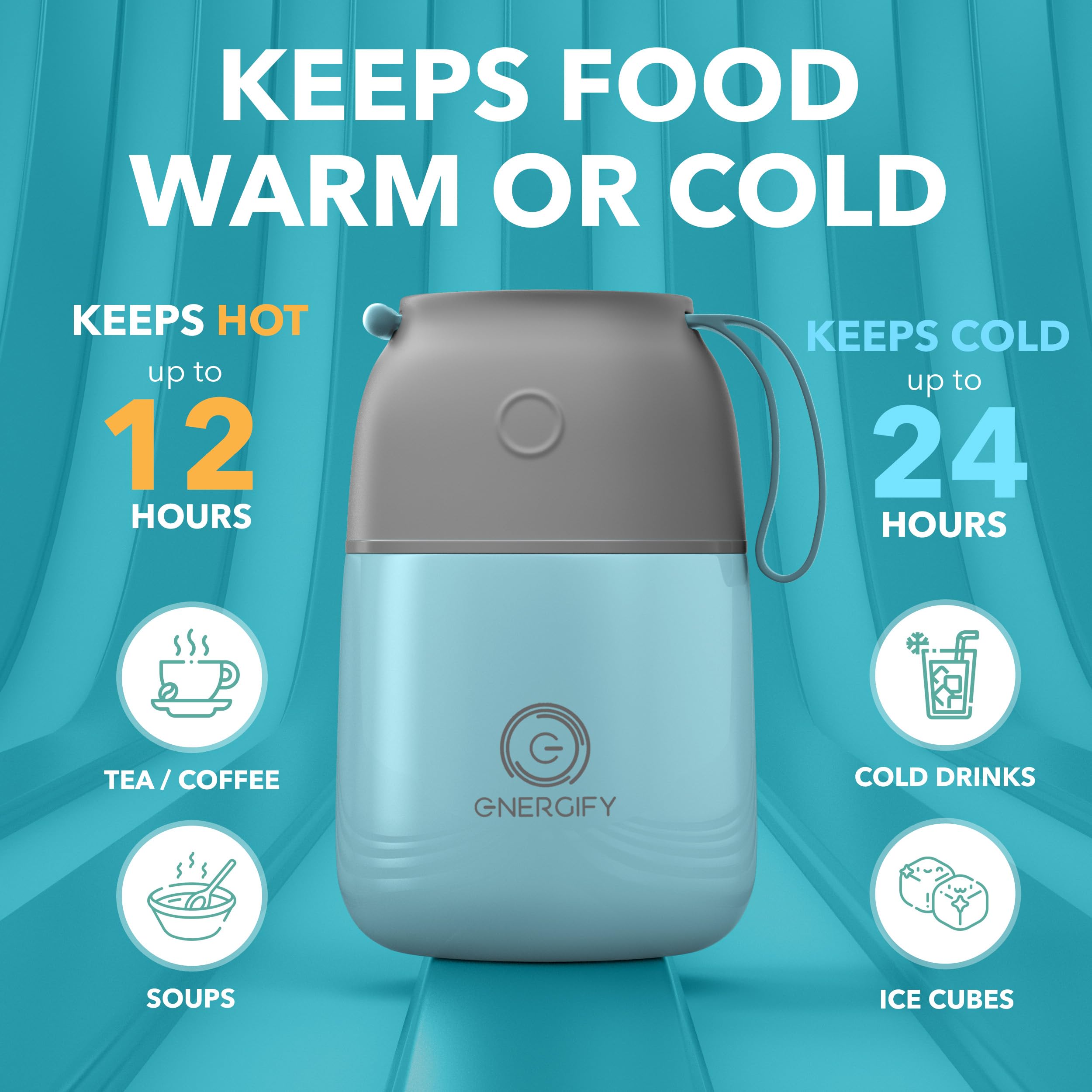 Vacuum Insulated Food Jar. Portable 17Oz Wide Mouth Thermos Incl. Folding Spoon, Cup. Hot & Cold Drinks, Soup, Thermo Lunch Cont