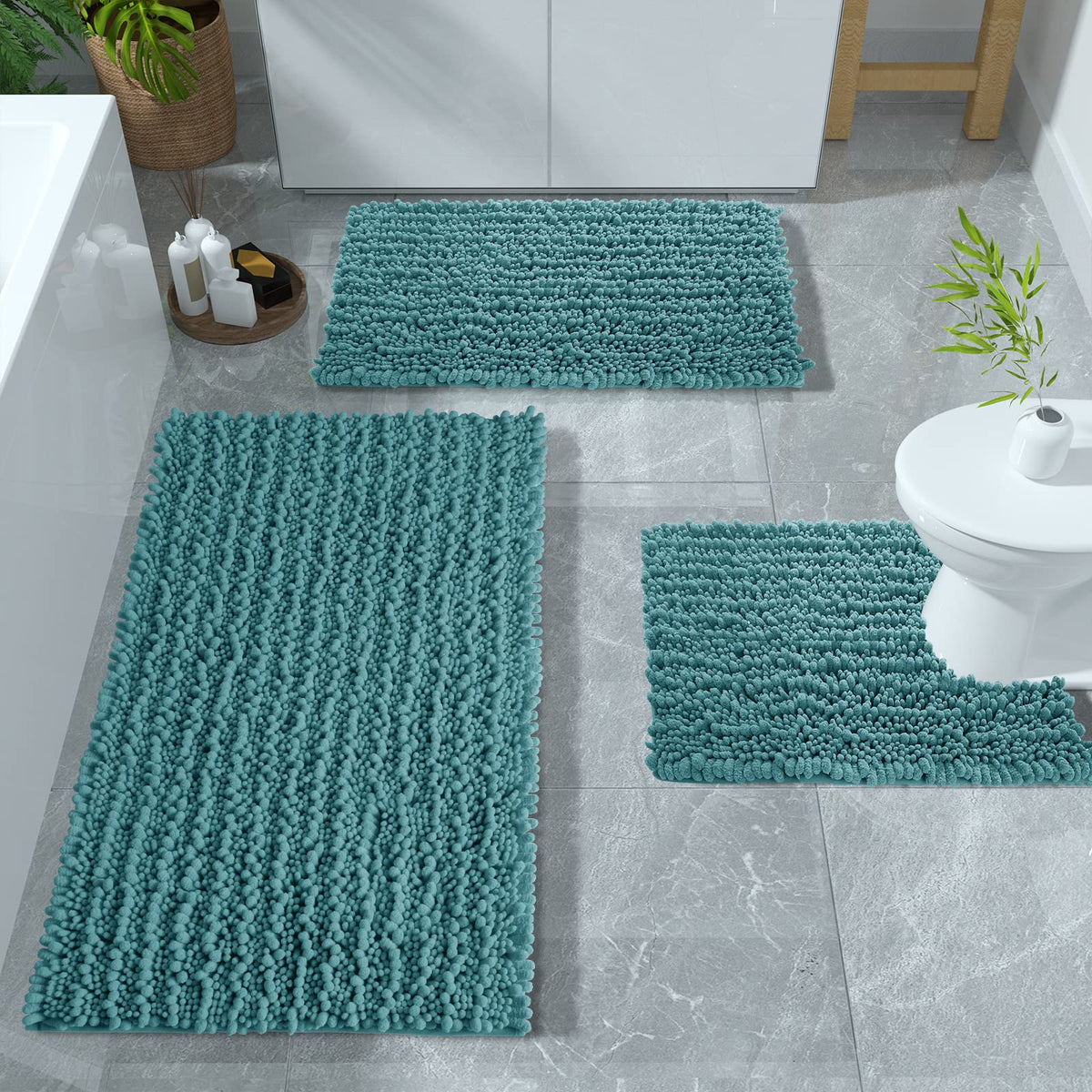 Yimobra Bathroom Rugs Sets 3 Piece, Fluffy Plush Chenille Baht Room Mats Set With Toilet Rug U Shaped, Soft Shaggy Absorbent Non