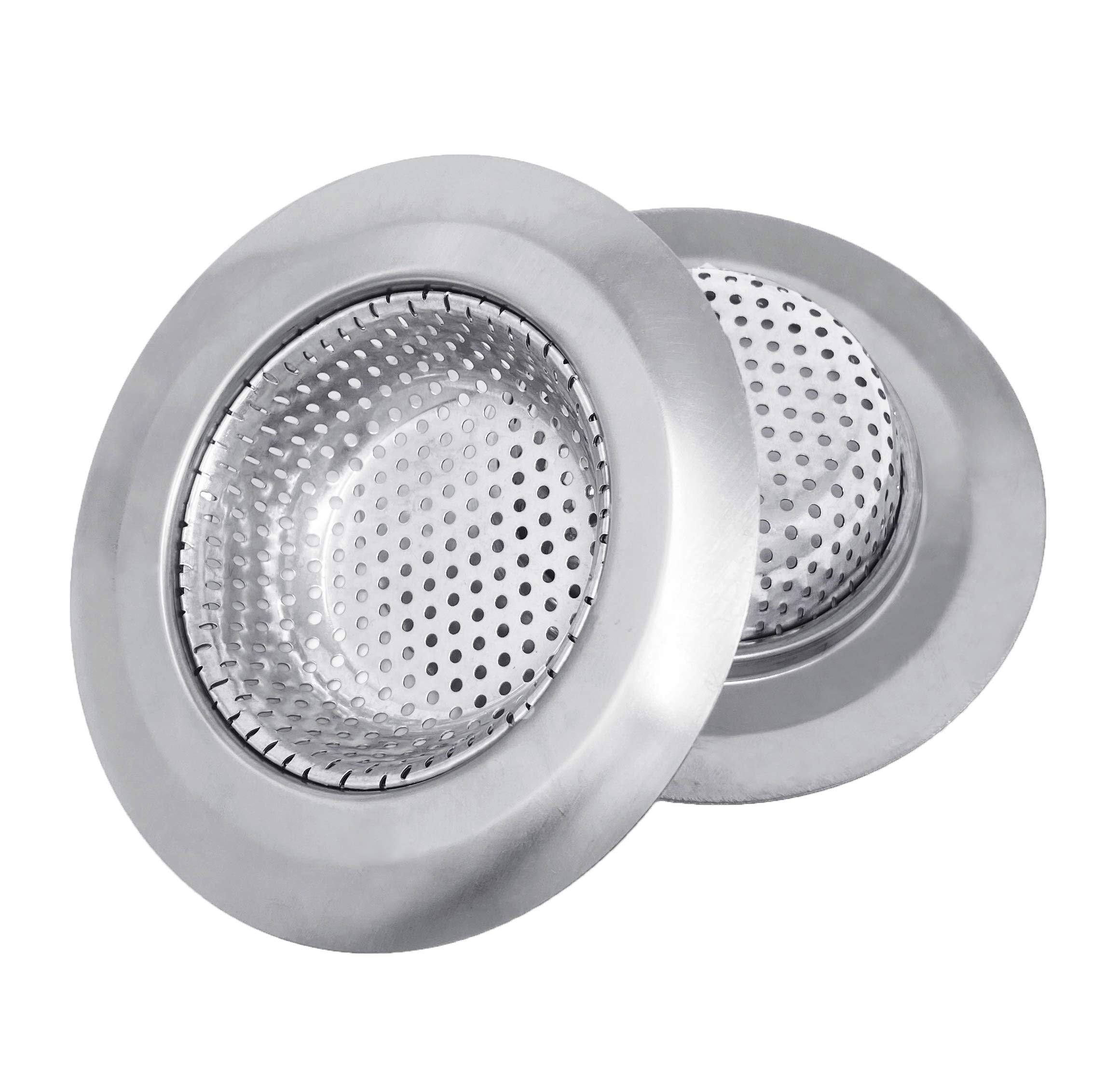 Makerstep 2 Pack of Stainless Steel Sink Drain Strainer Baskets 4.5 Inch Diameter. Kitchen Stopper. for Dishes  Garbage Disposal  Large Wide Rim Prevents Clogged Drains Catcher. Fine Mesh.