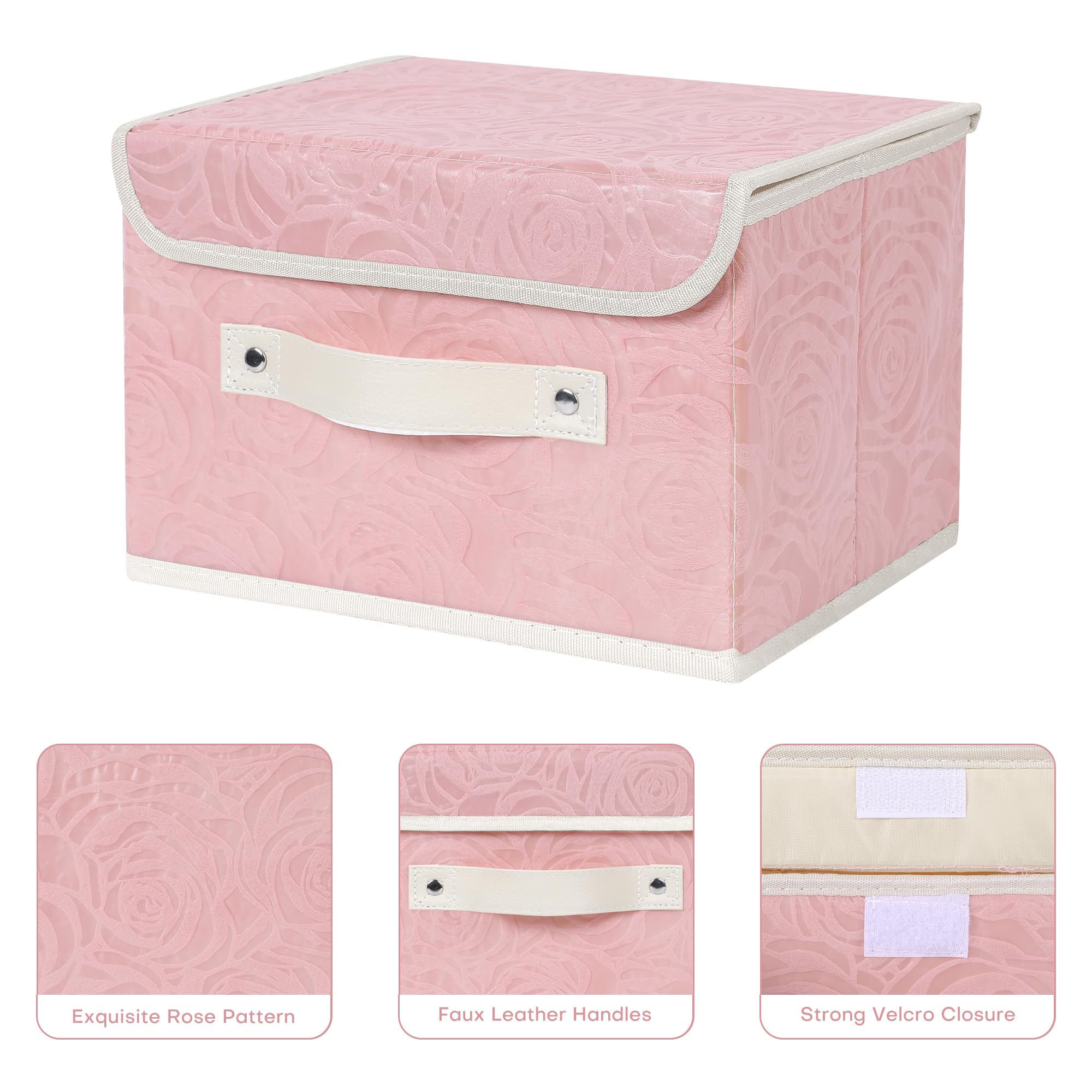 Anminy 2Pcs Fabric Storage Bin With Lid Rose Print Box Basket With Pu Leather Handles Washable Pp Plastic Board Decorative Folda