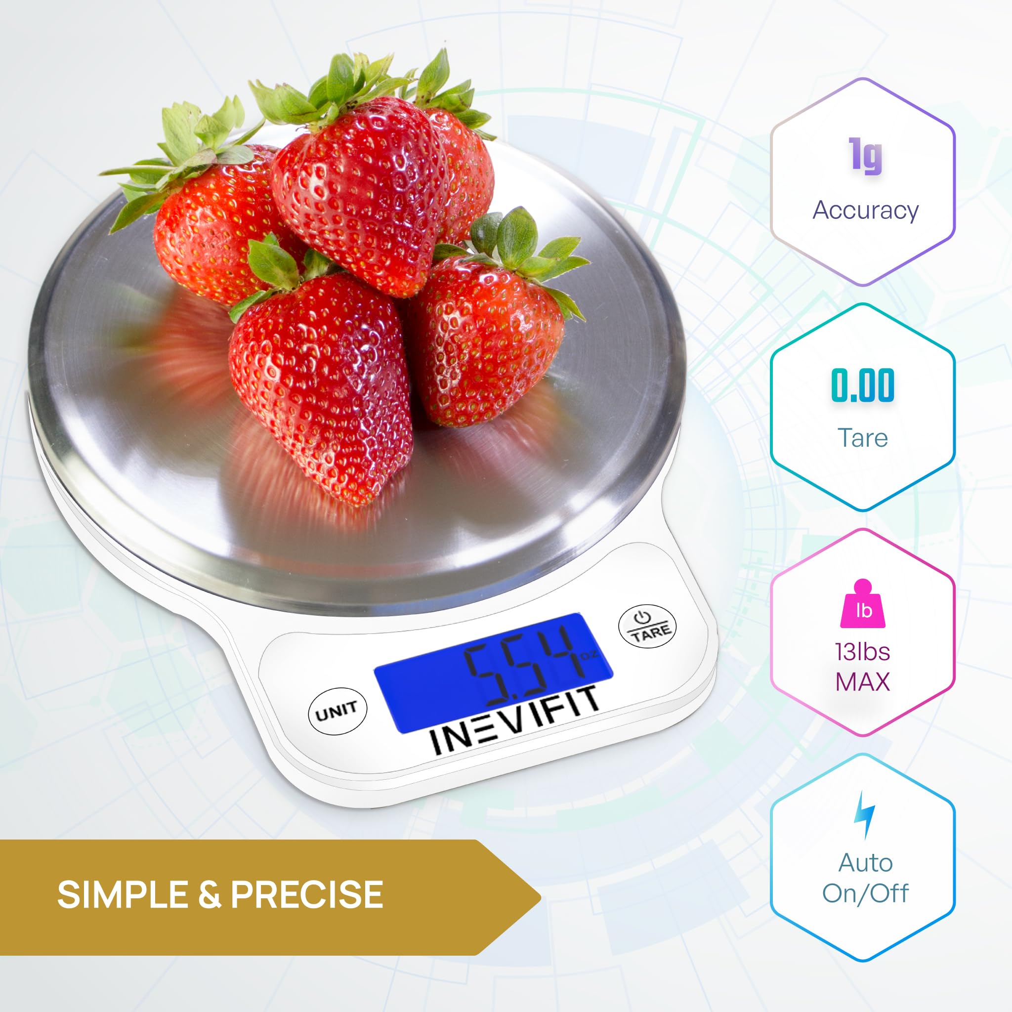 Inevifit Digital Kitchen Scale, Highly Accurate Multifunction Food Scale 13 Lbs 6Kgs Max, Clean Modern White With Premium Stainl